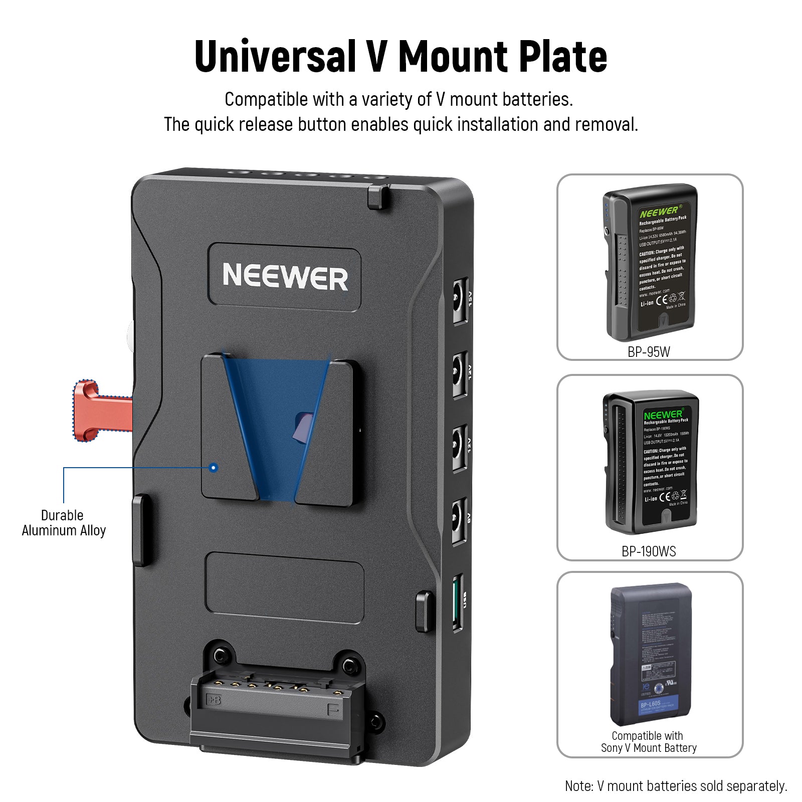 NEEWER VB-A1 V Mount Battery Adapter Plate is compatible with a variety of V lock batteries.