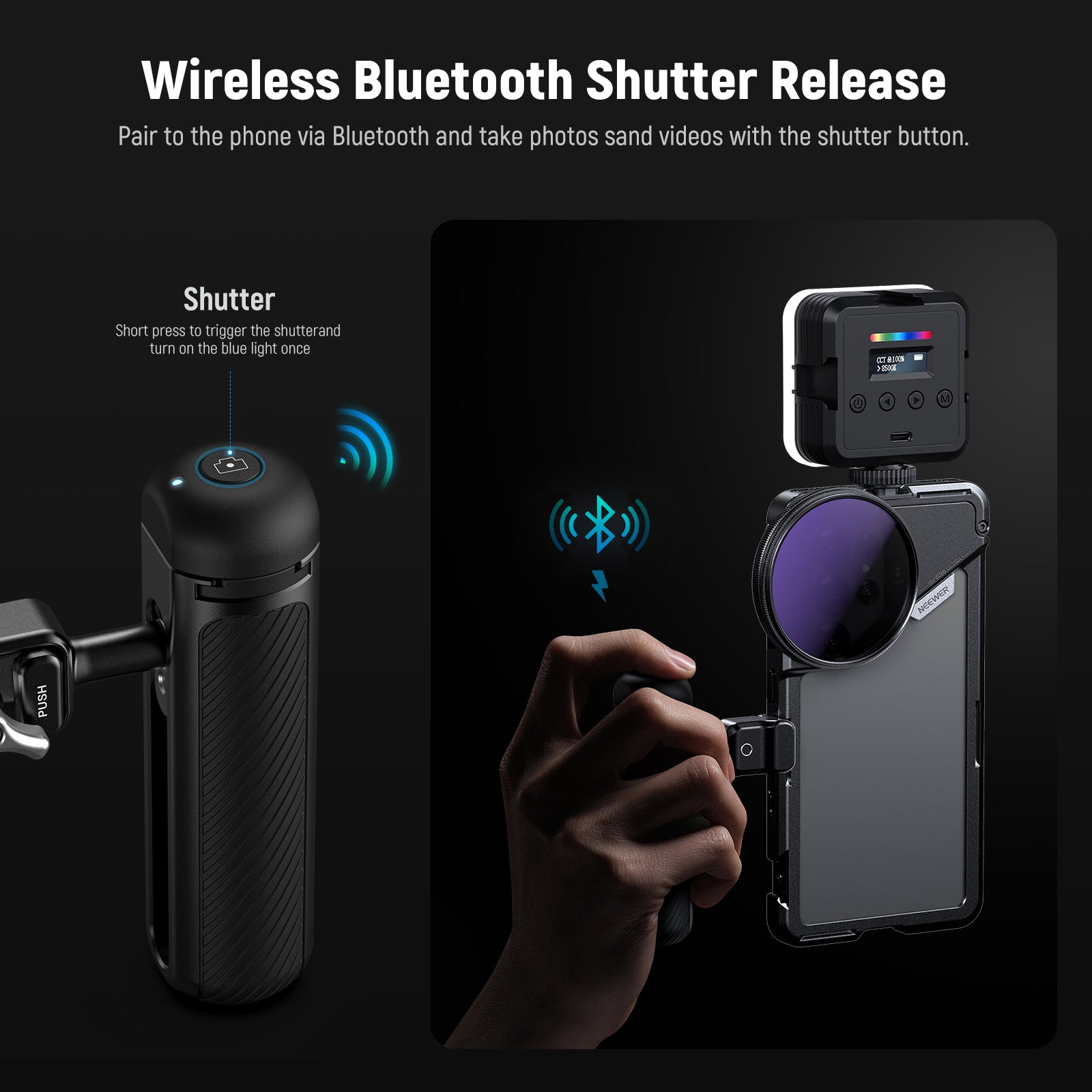 Pair to the phone via Bluetooth and take photos and videos with the shutter button