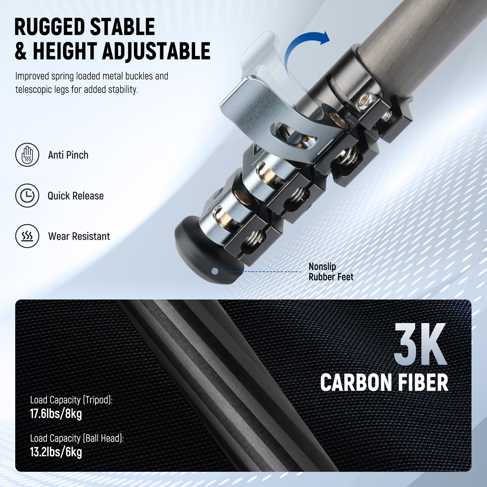 The portable camera tripod stand features carbon fiber leg tubes