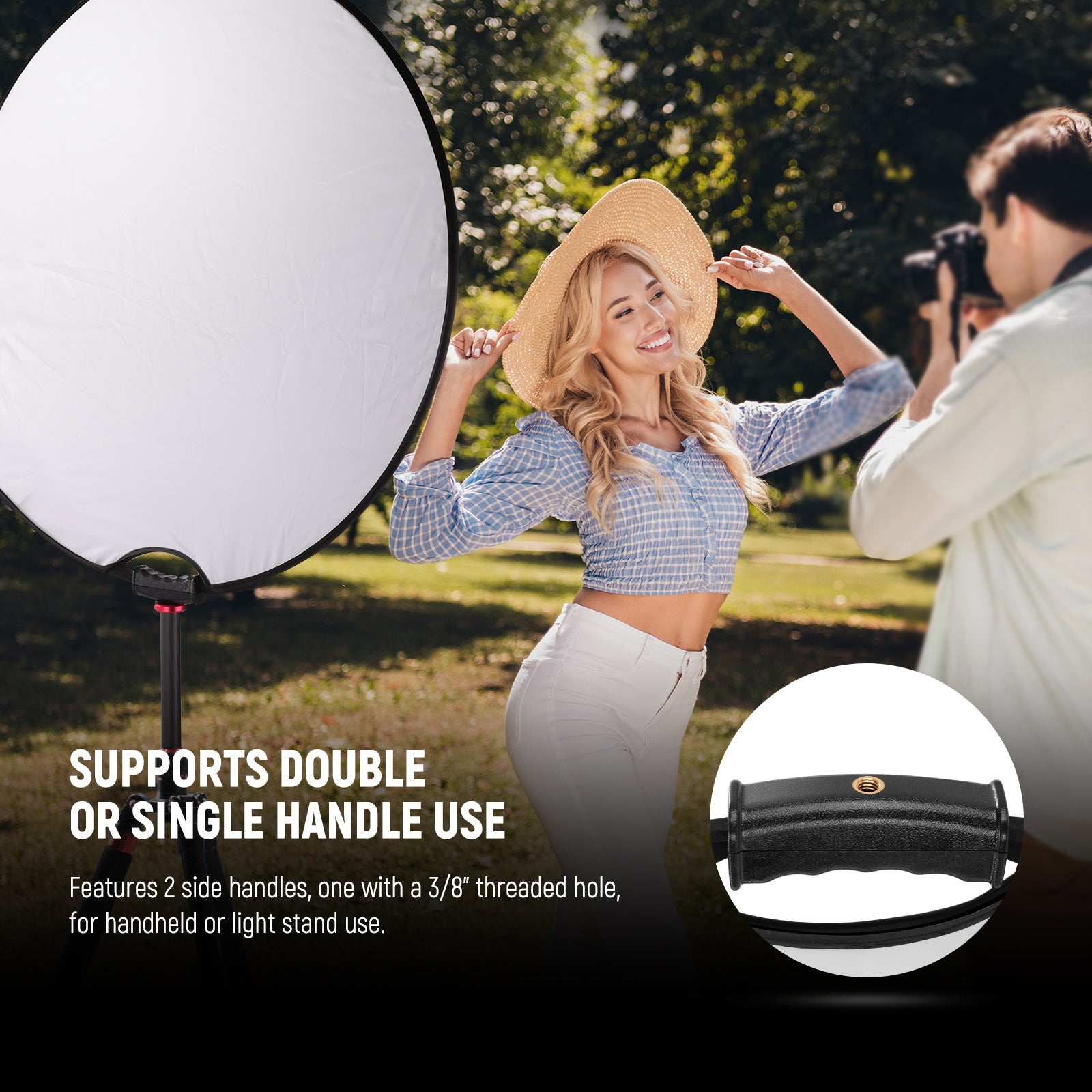 NEEWER SF7575F Collapsible Photography Reflector supports double or single handle use.
