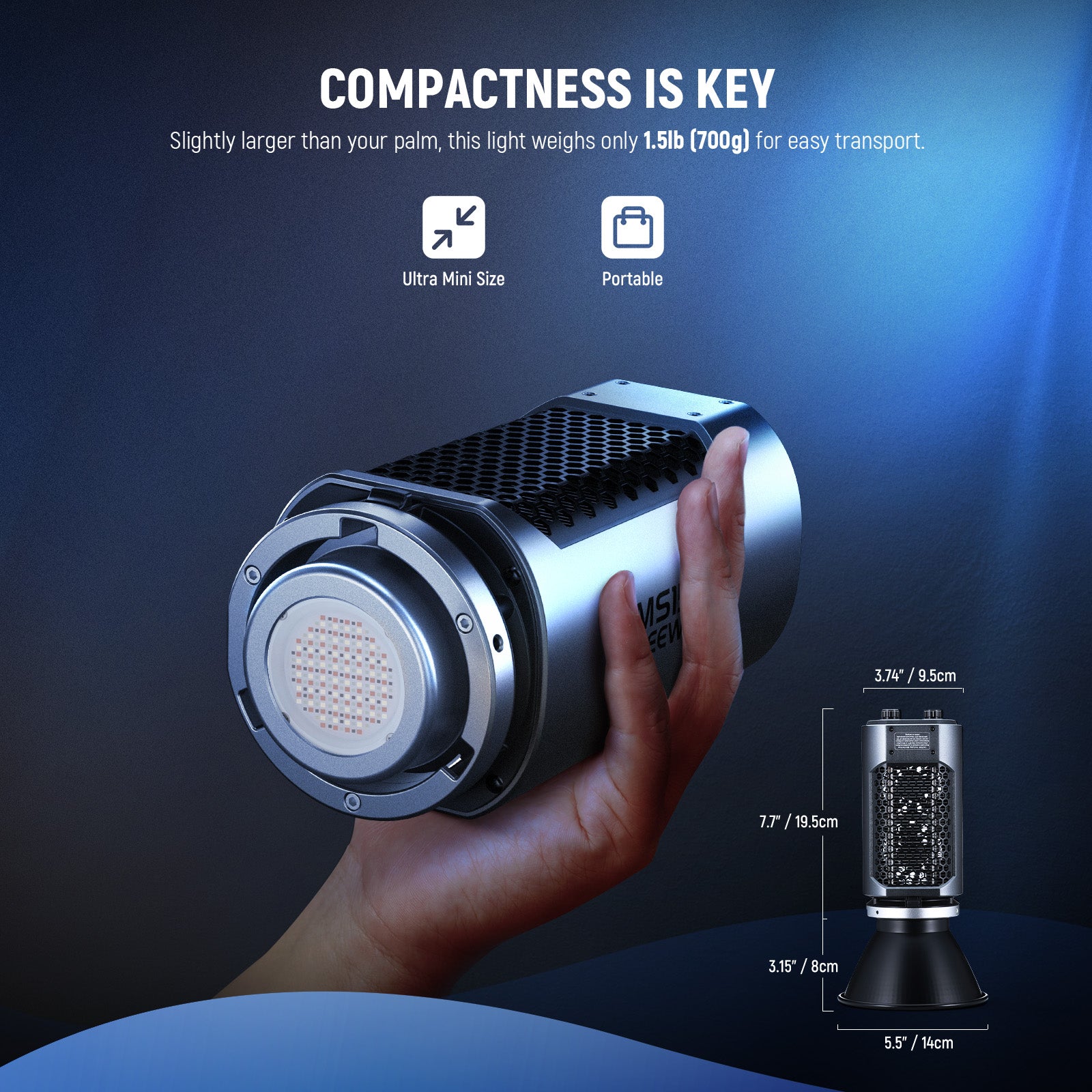 NEEWER MS150C 150W Mini RGB Light is compact.