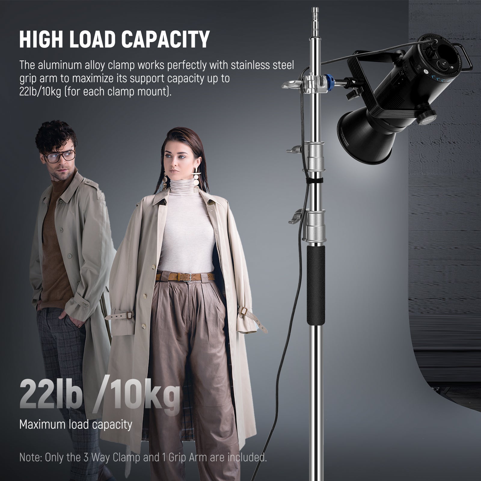 The aluminum alloy grip head works perfectly with stainless steel grip arm to maximize its support capacity up to 22lb