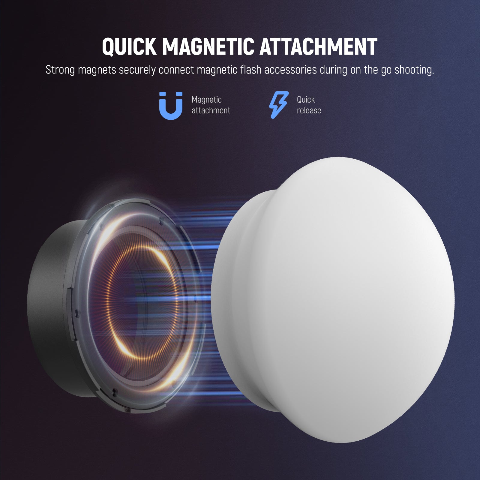 Strong magnets securely connect magnetic flash accessories during on the go shooting