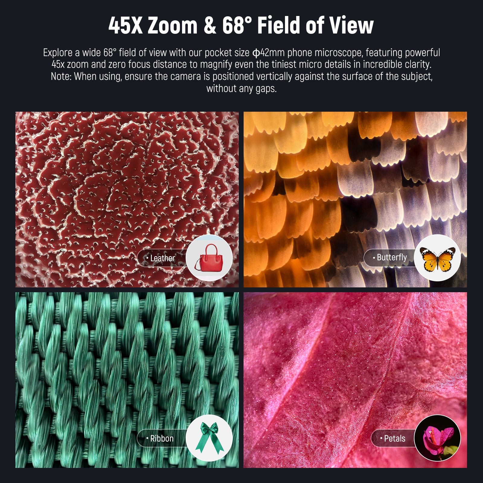 pocket-sized 42mm mobile microscope with a wide 68° viewing angle