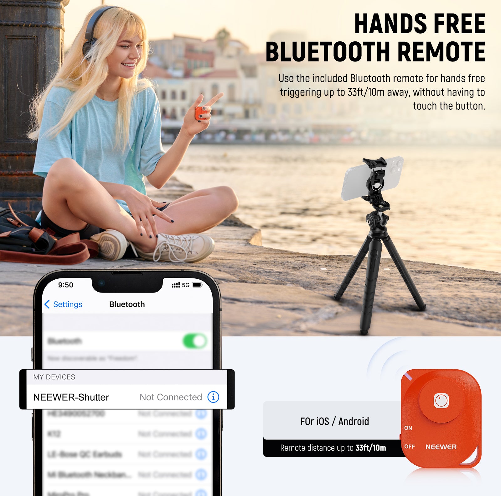 NEEWER TP35 Flexible Mini Tripod kit ncludes a Bluetooth shutter release to trigger afar