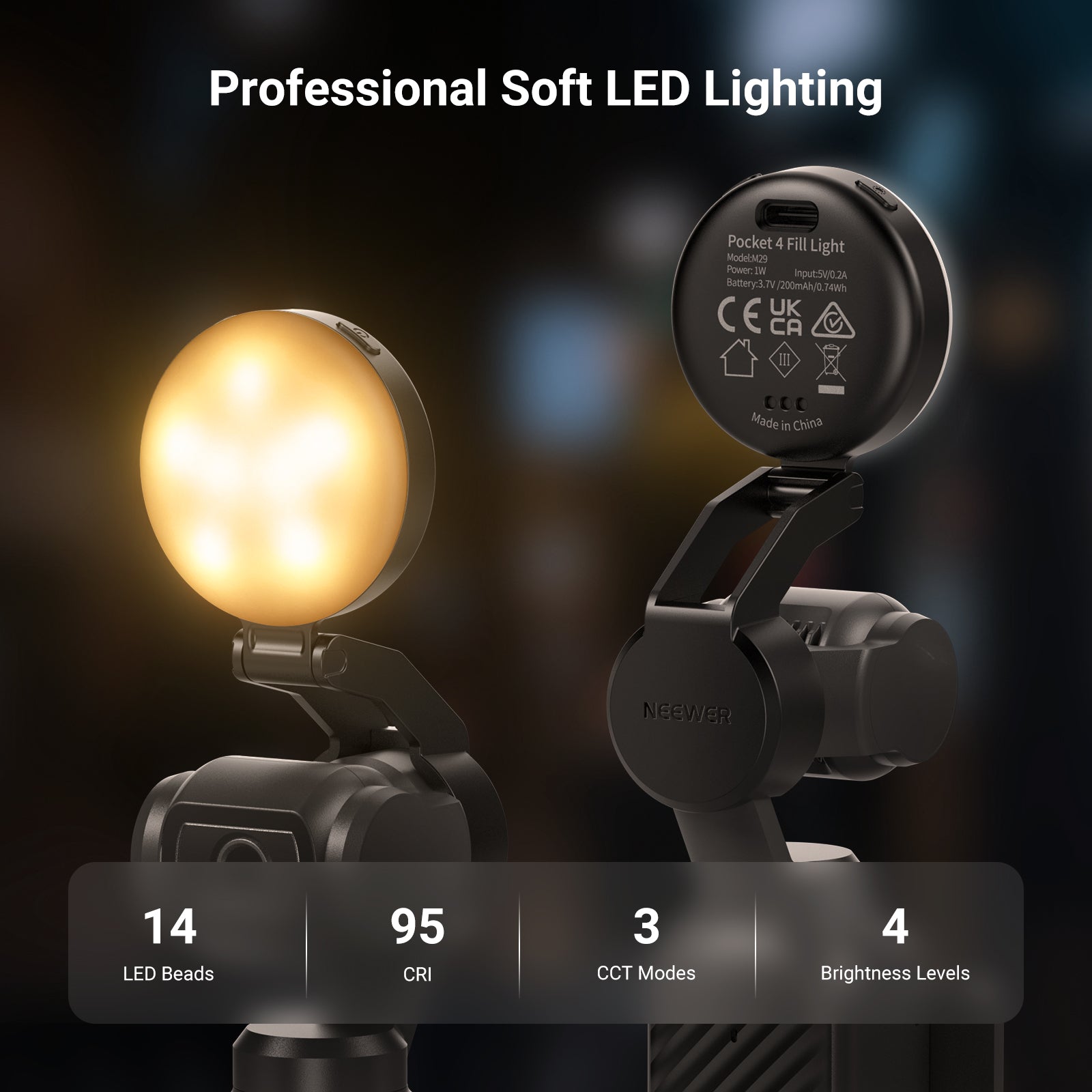 One NEEWER M29 Mini LED Fill Light emits a warm, soft glow, while the other shows its back side, highlighting the USB-C charging port, relevant certification labels, and the NEEWER logo on the adjustable stand.