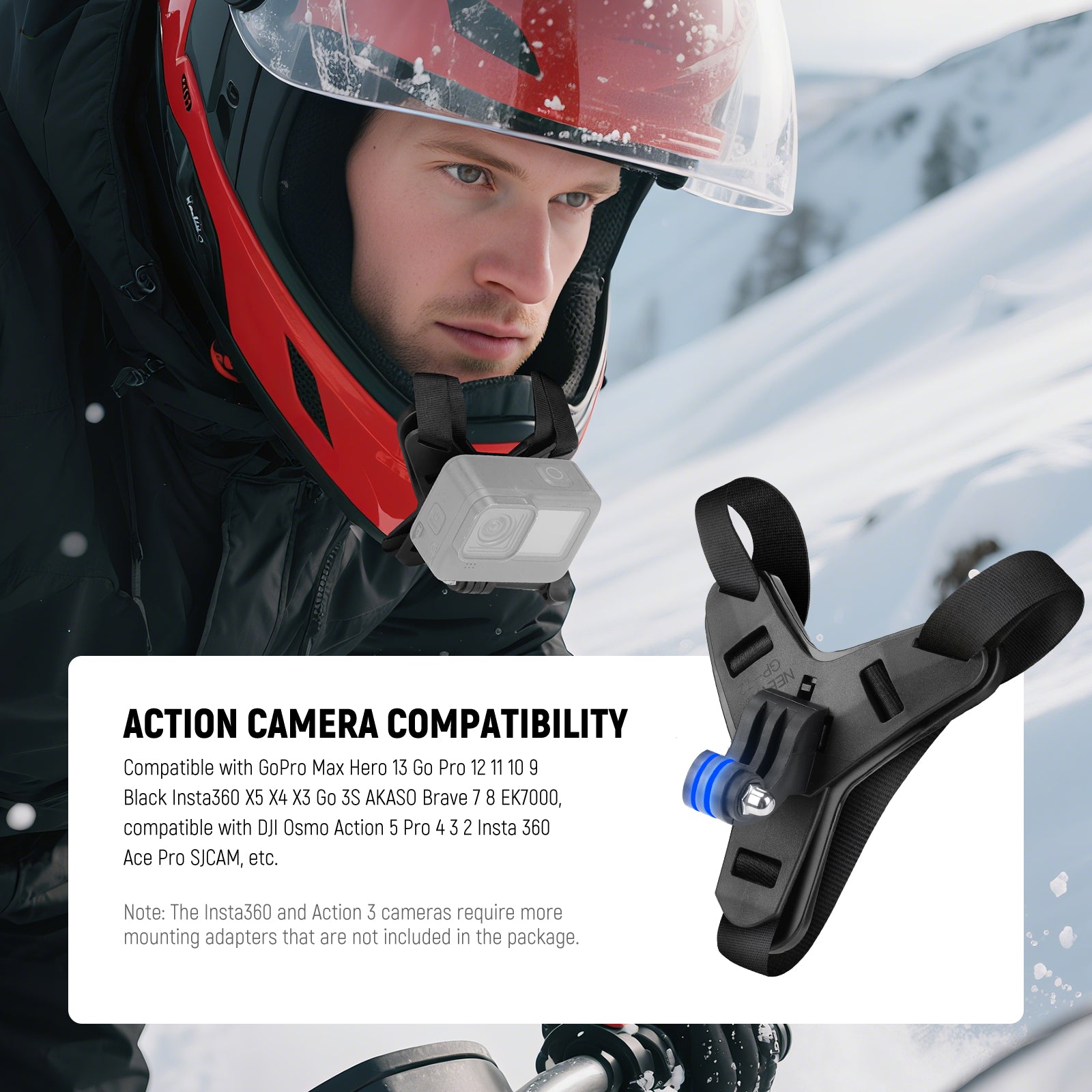 The base includes a built in J hook with a three prong adapter for action cameras