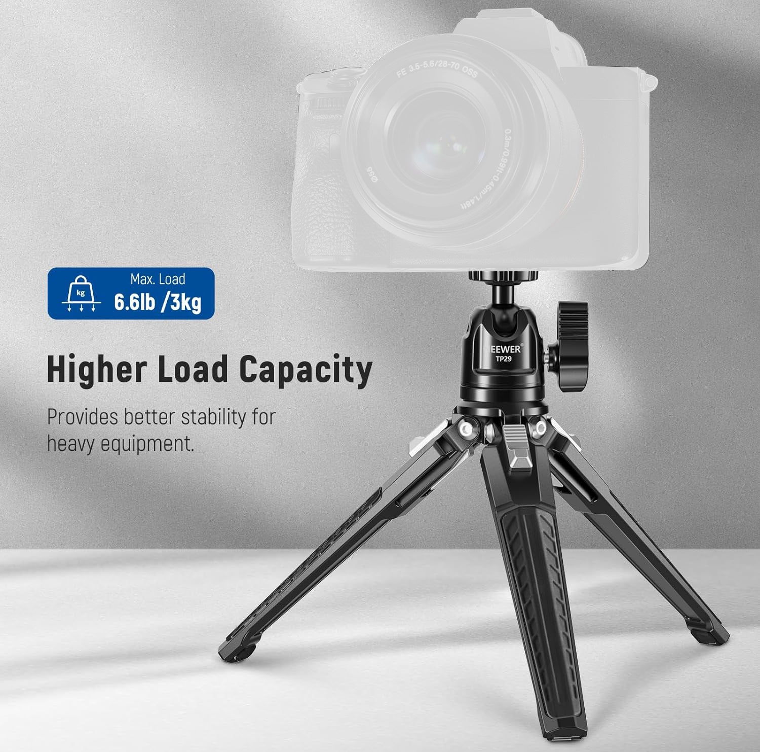 NEEWER TP29 Metal Tabletop Mini Tripod provides better stability.