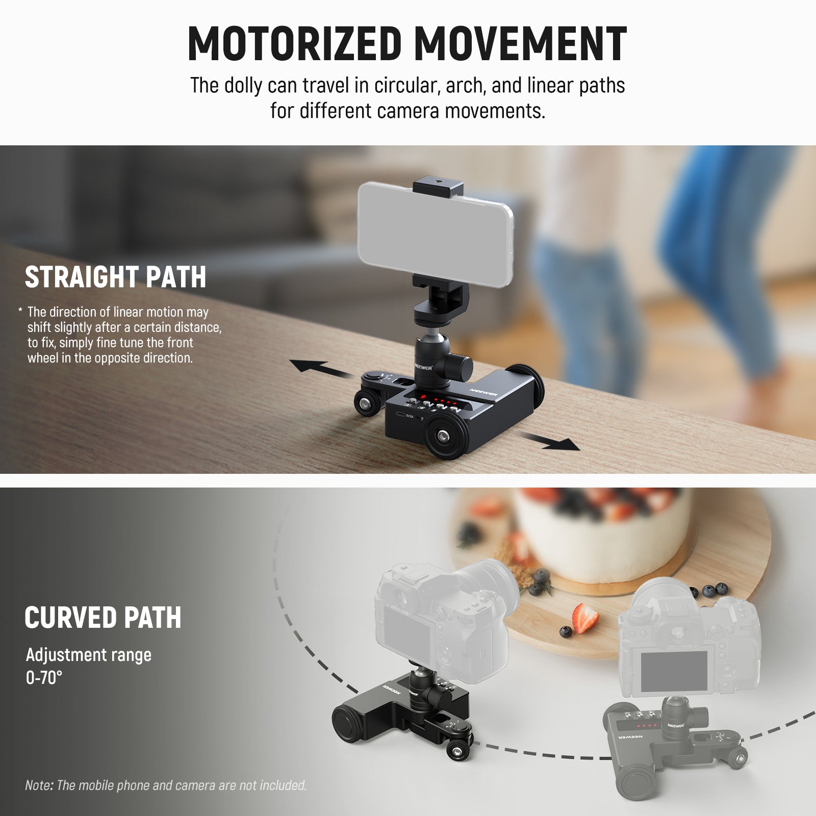 NEEWER Upgraded DL200 Motorized Camera Dolly can travel in circular, arch, and linear paths.