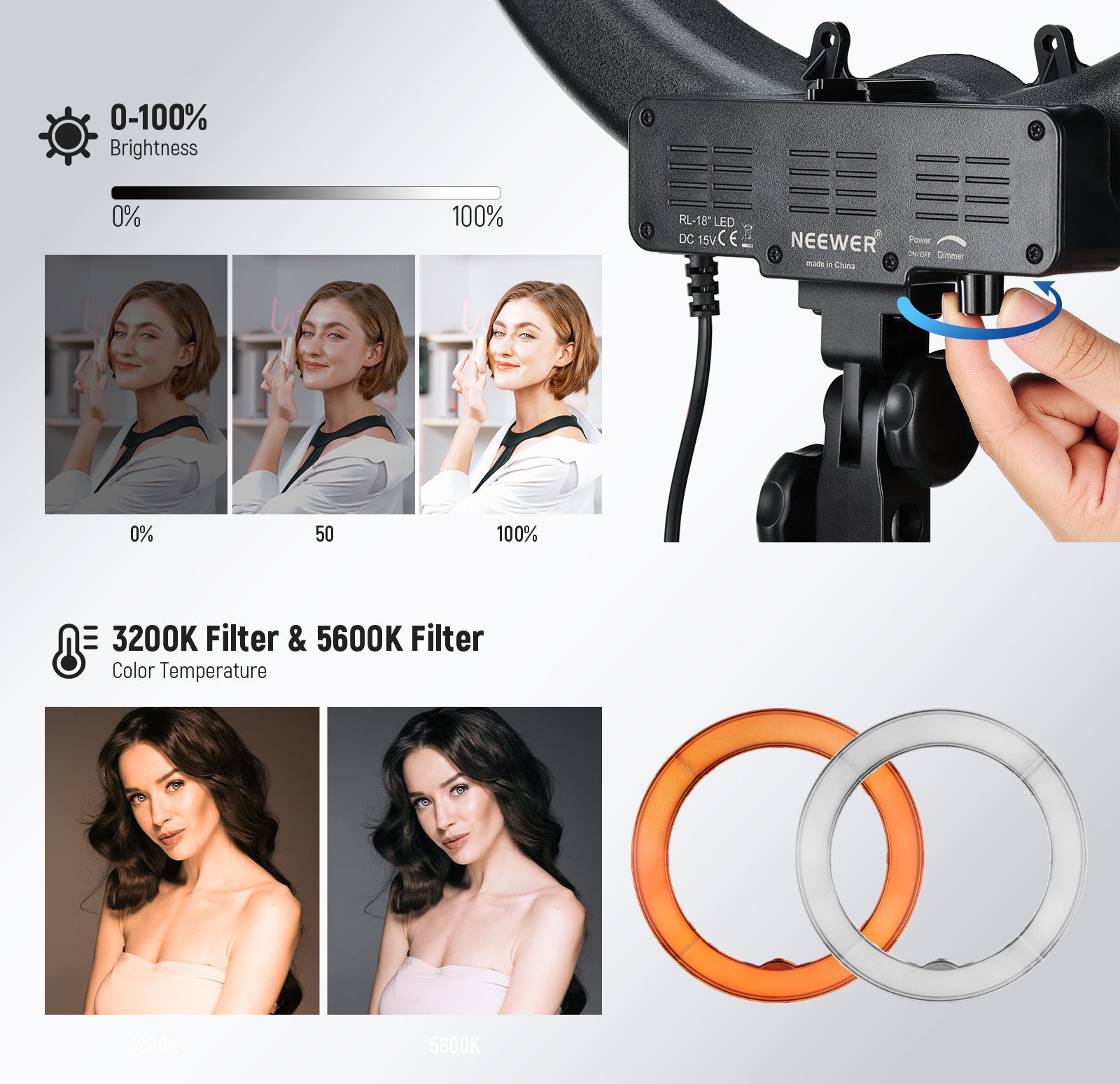 NEEWER RL-18 18 Inch LED Ring Light enables 0-100% dimming with a high CRI of 95
