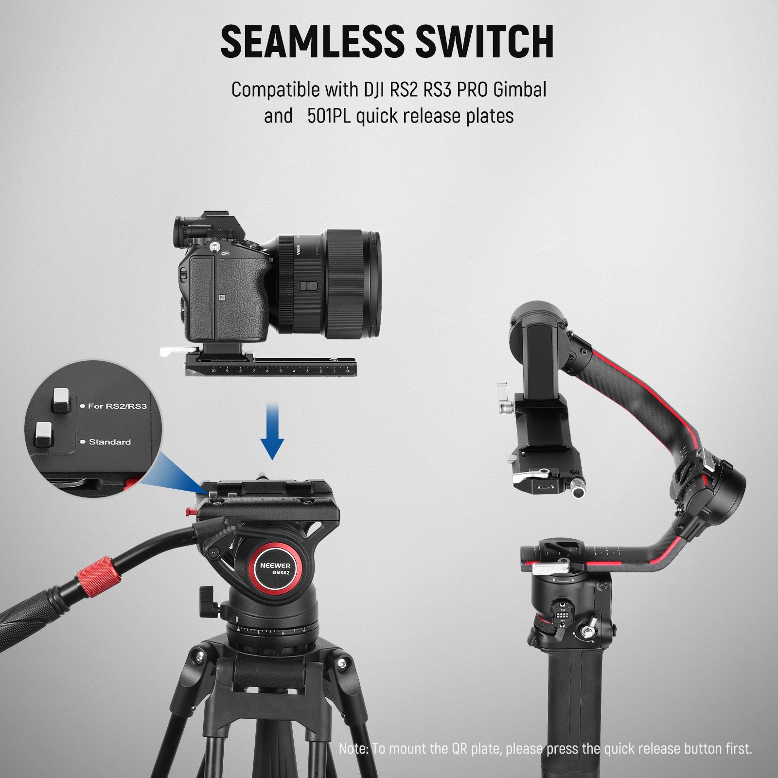 NEEWER GM002 Heavy Duty Video Tripod Fluid Head is efficient and convenient to switch between tripod and gimbal shooting