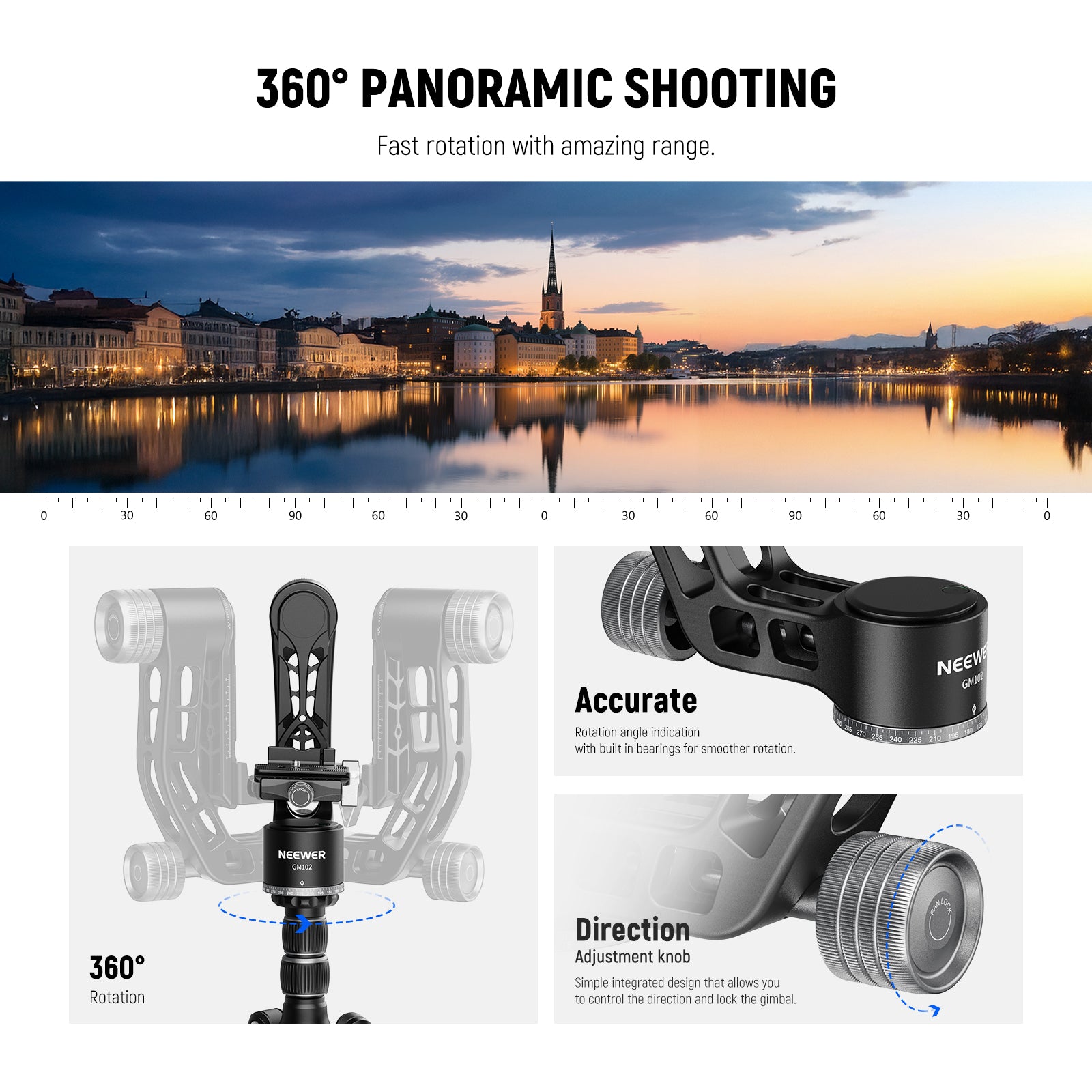 NEEWER GM102 Tripod Gimbal Head is ideal for 360° panoramic shooting.