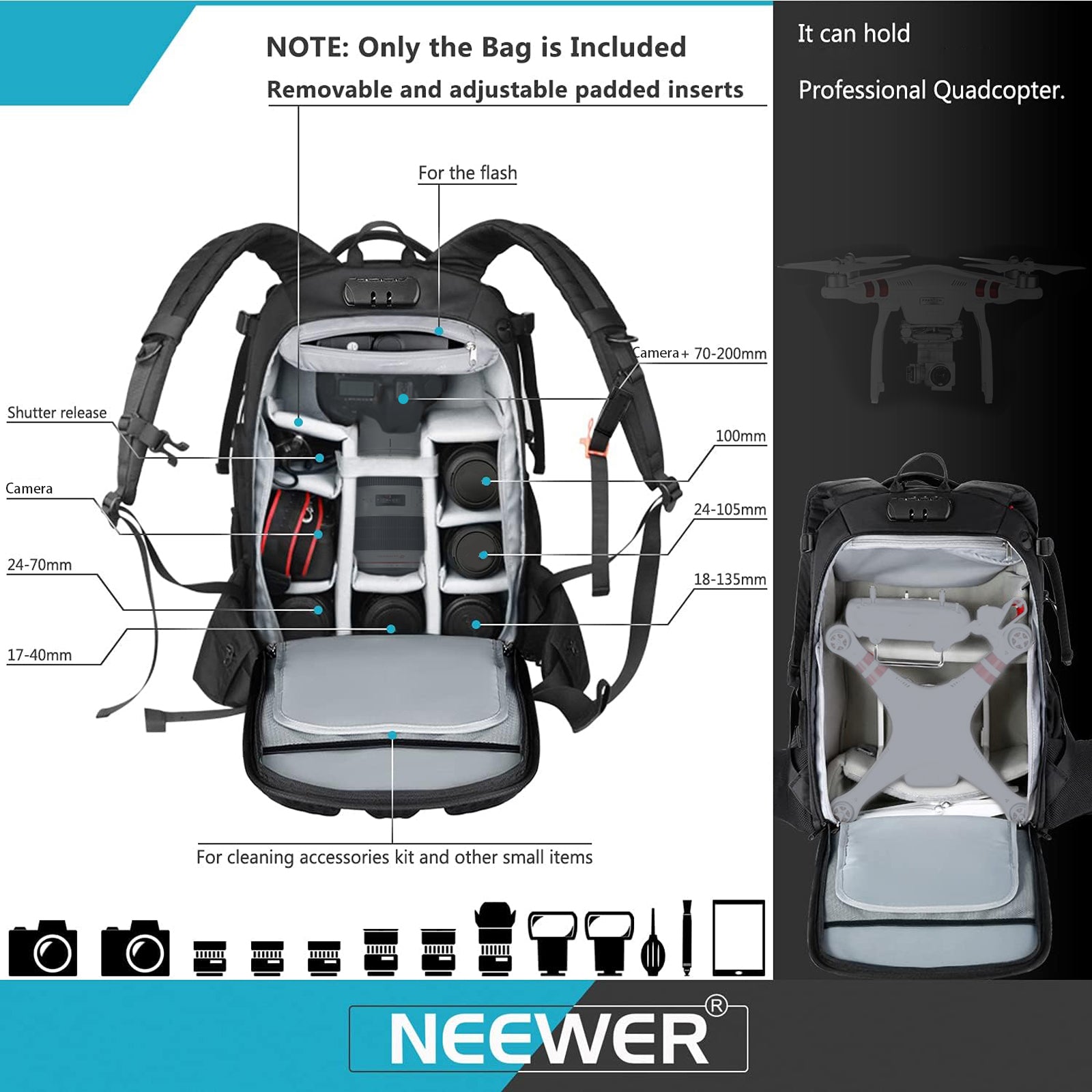 NEEWER Pro Camera Backpack features removable padded inserts.