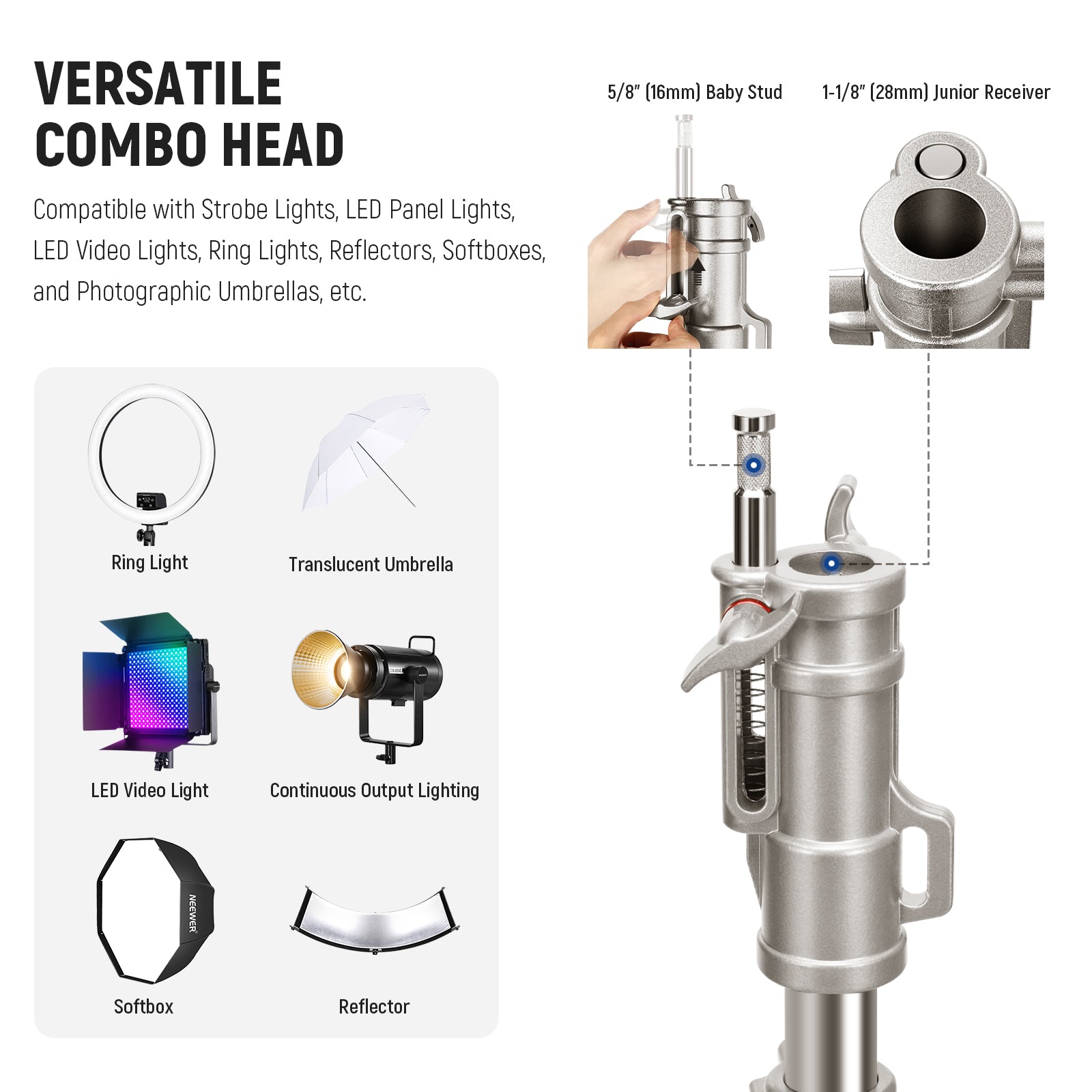 NEEWER ST240SS Rolling Light Stand has a versatile combo head.