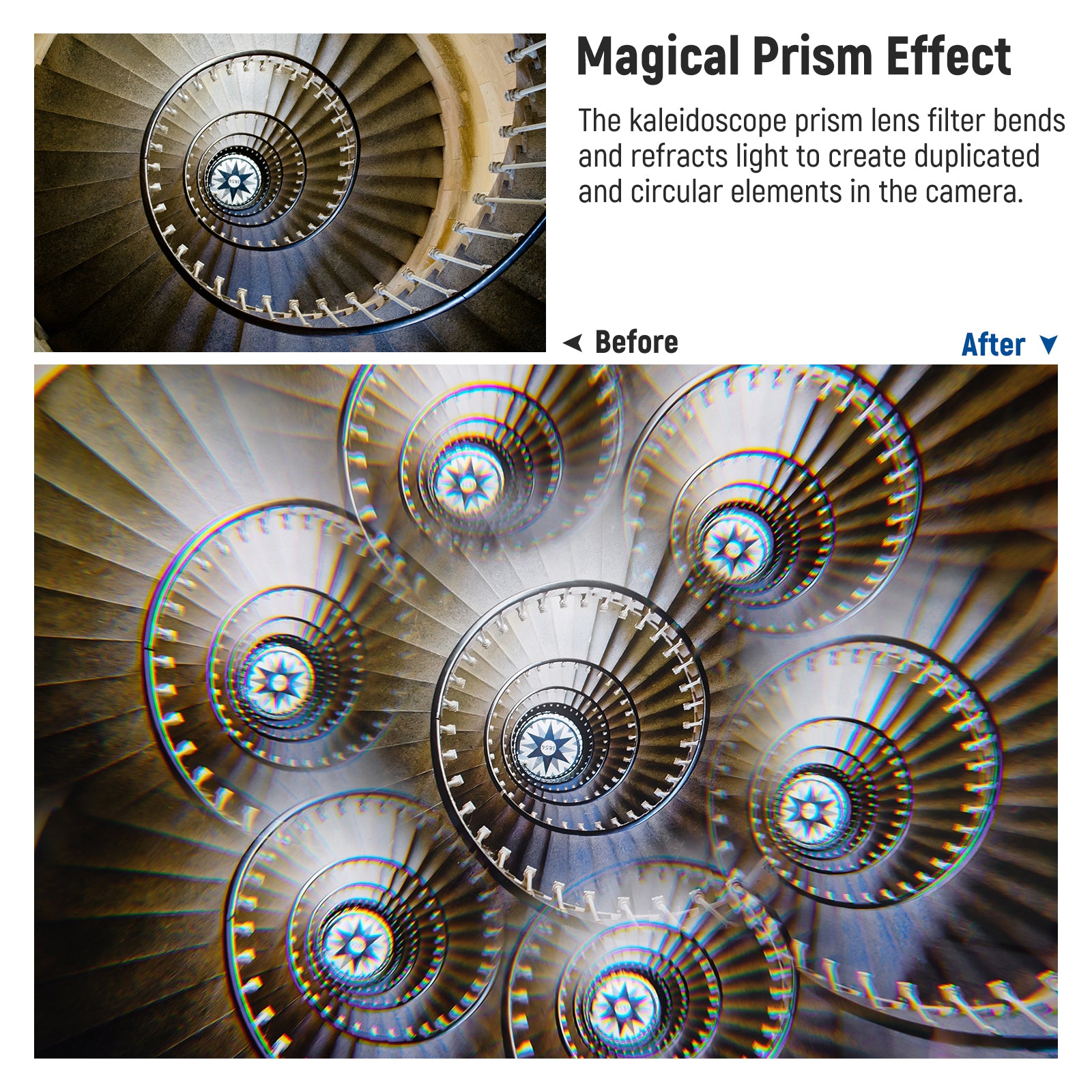 The kaleidoscope prism lens filter creates a hypnotic and surreal kaleidoscopic effect.