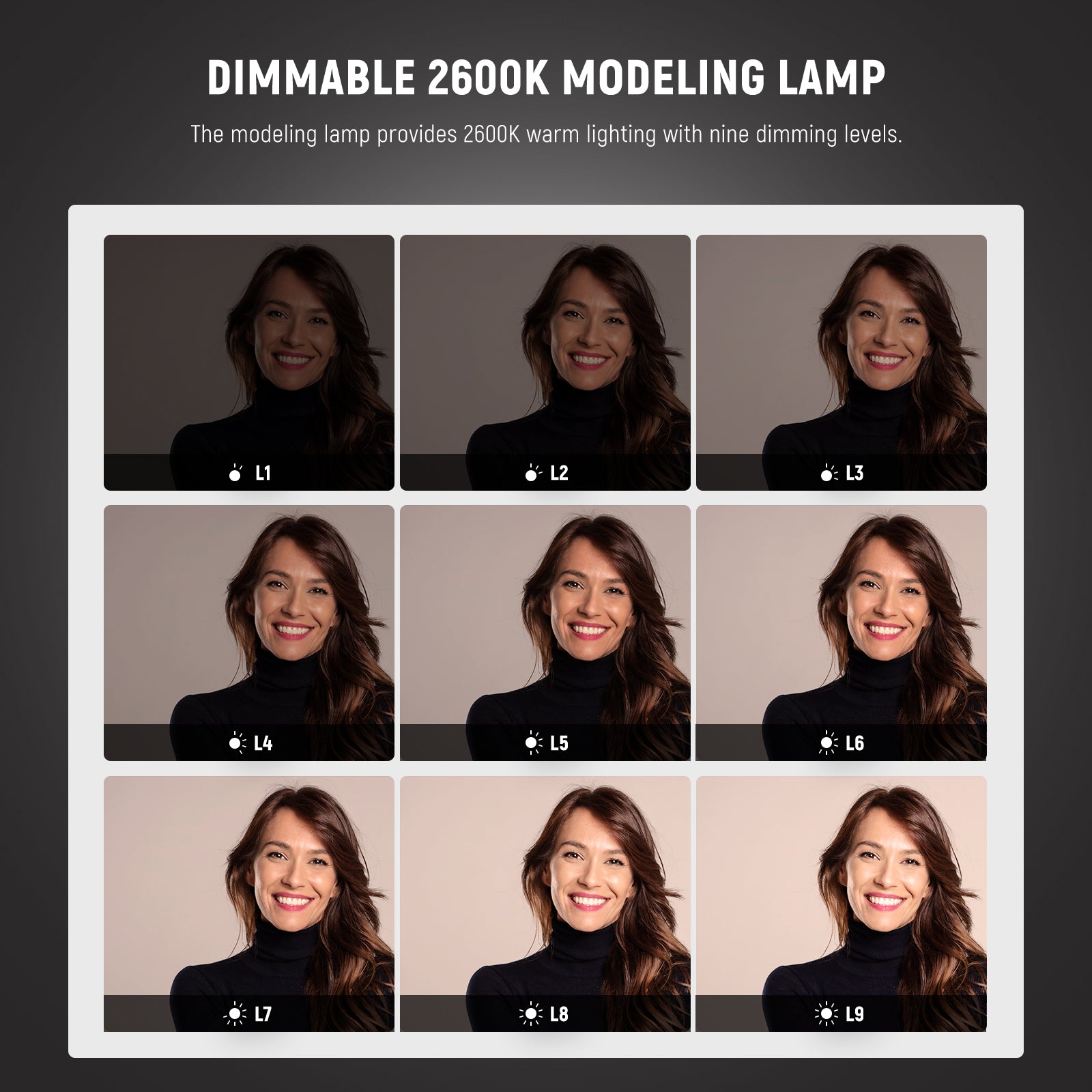 Compact yet capable, the 150W modeling lamp has 9 brightness levels