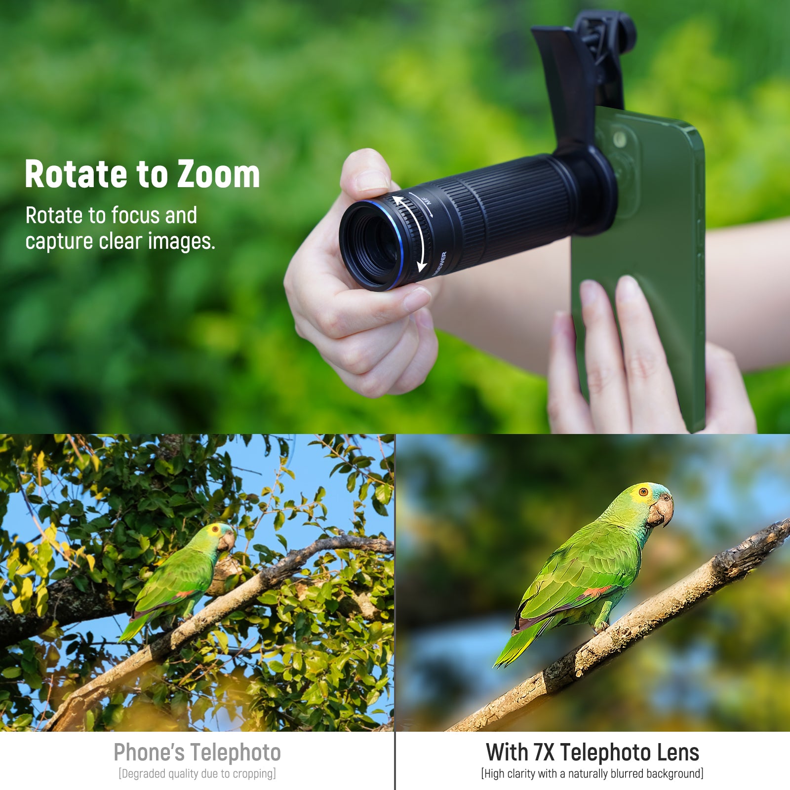 The telephoto lens attaches to the phone's main camera and offers 7x optical magnification.