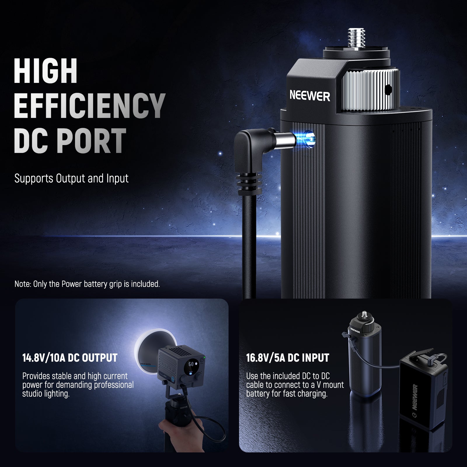 This rechargeable battery handle features 14.8V/10A DC output