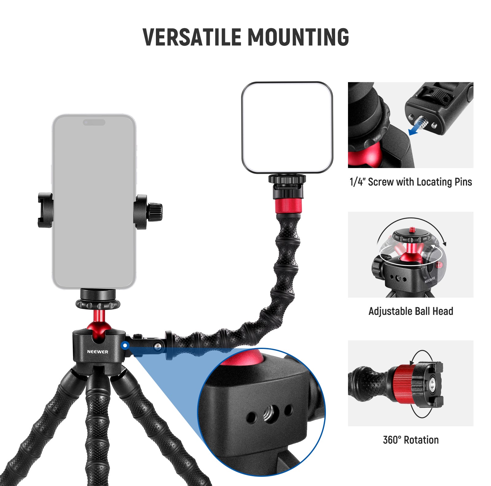 NEEWER T91 Flexible Phone Tripod with Two Magic Arms offers versatile mountin options.