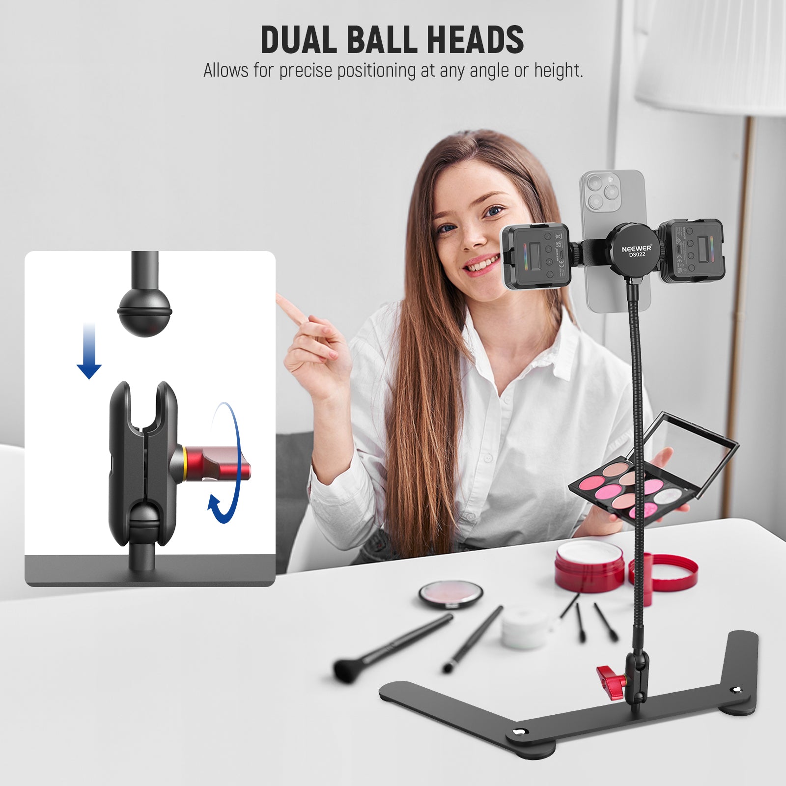 The tabletop phone stand adopts a flexible tube and a dual ball head adapter