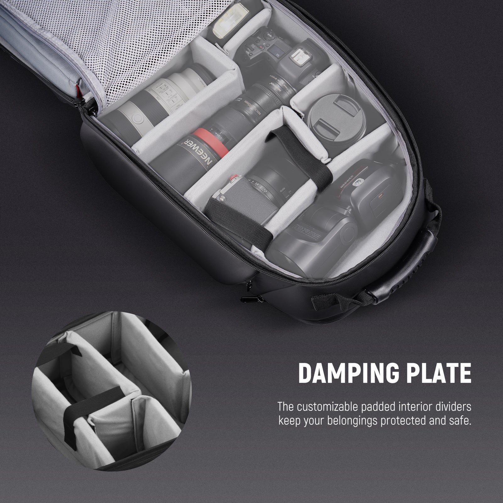 The camera back pack comes with six removable dividers of varying sizes