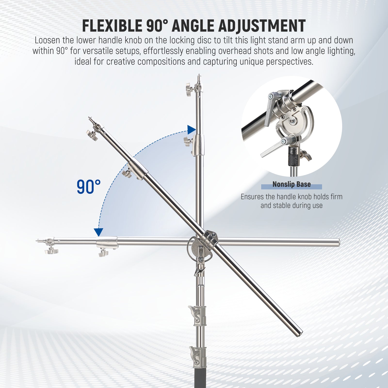 Loosen the lower handle knob on locking disc to tilt light tripod arm up and down 90° for versatile settings