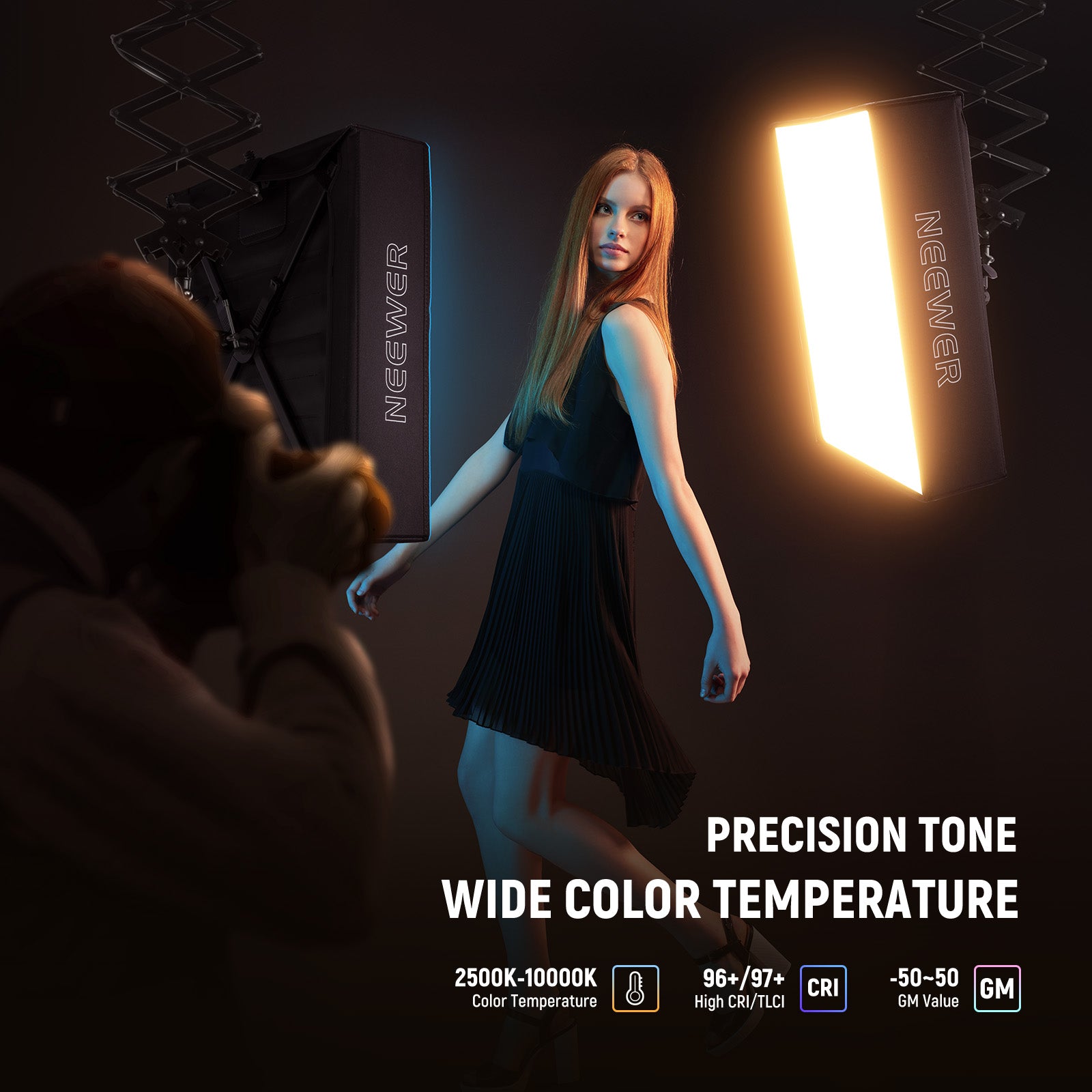 The folding LED panel light set transforms harsh LED output into beautifully soft, even lighting.