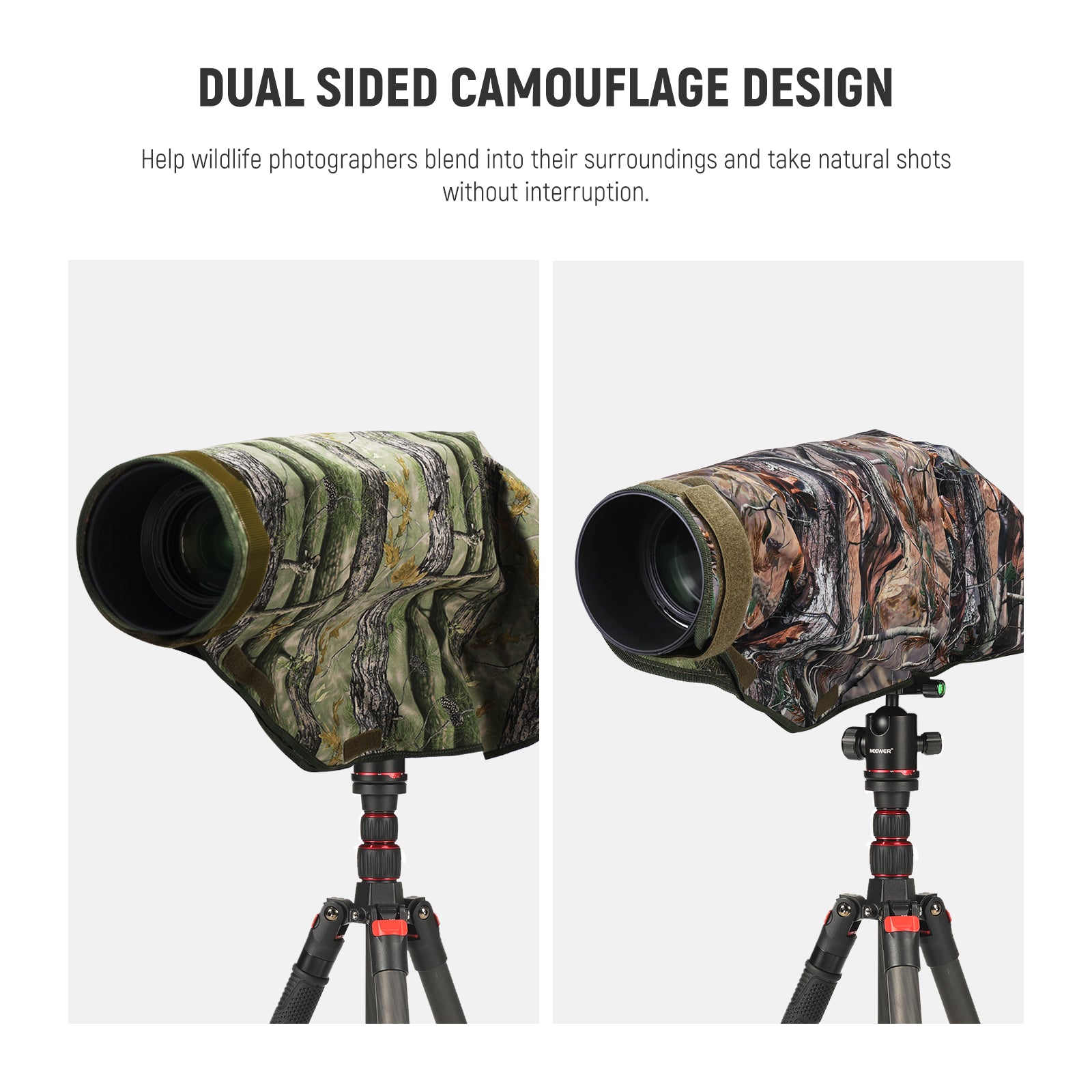 This camera lens camouflage rain cover helps wildlife photographers blend into surroundings.