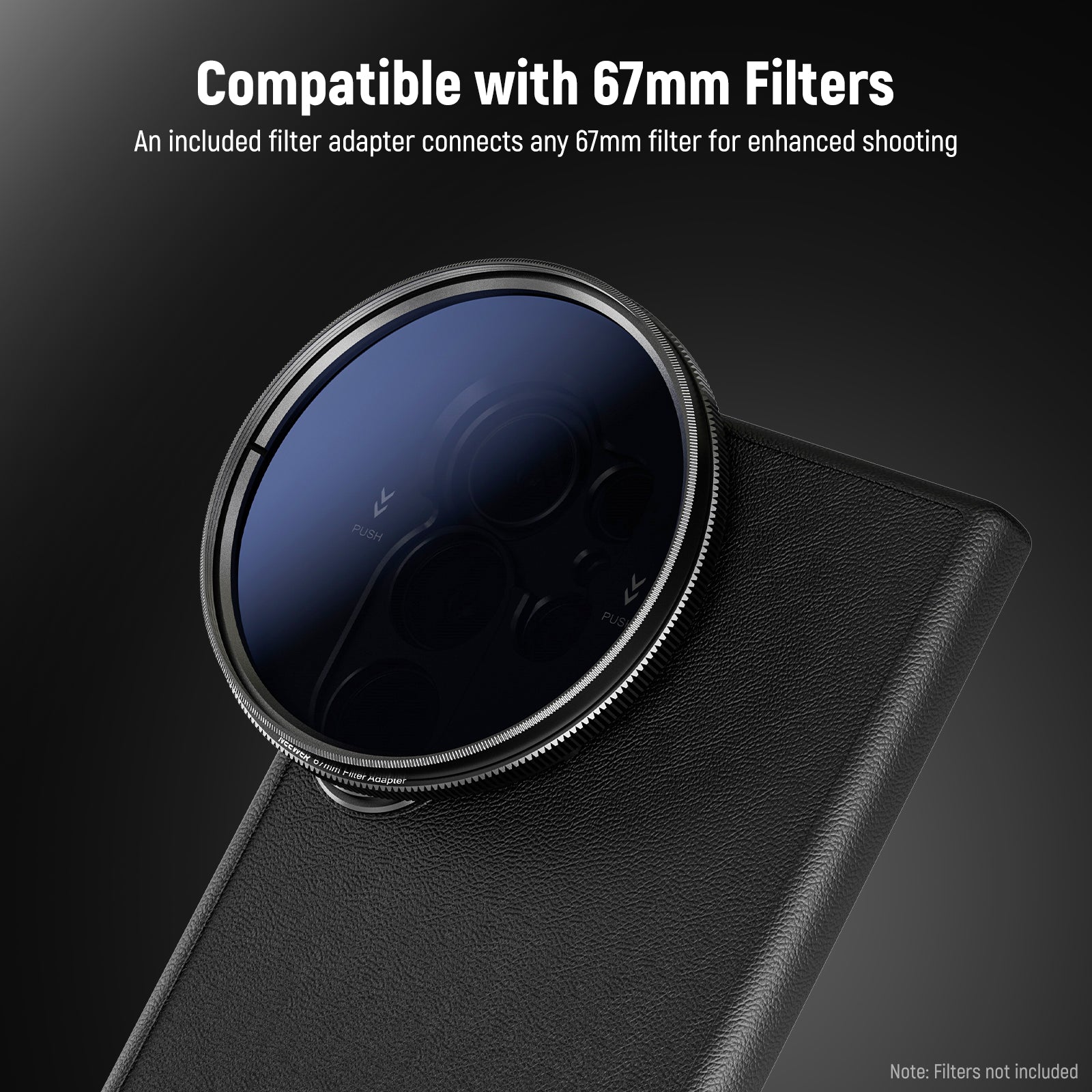 This phone accessory kit for Galaxy S24 Ultra includes a 67mm filter adapter connecting any 67mm Filter