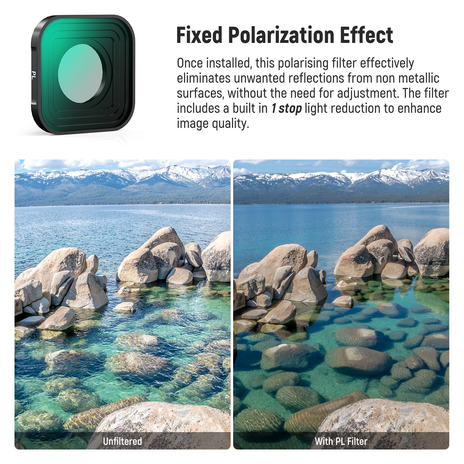 The PL (polarizing) filter minimizes reflection on nonmetallic surfaces
