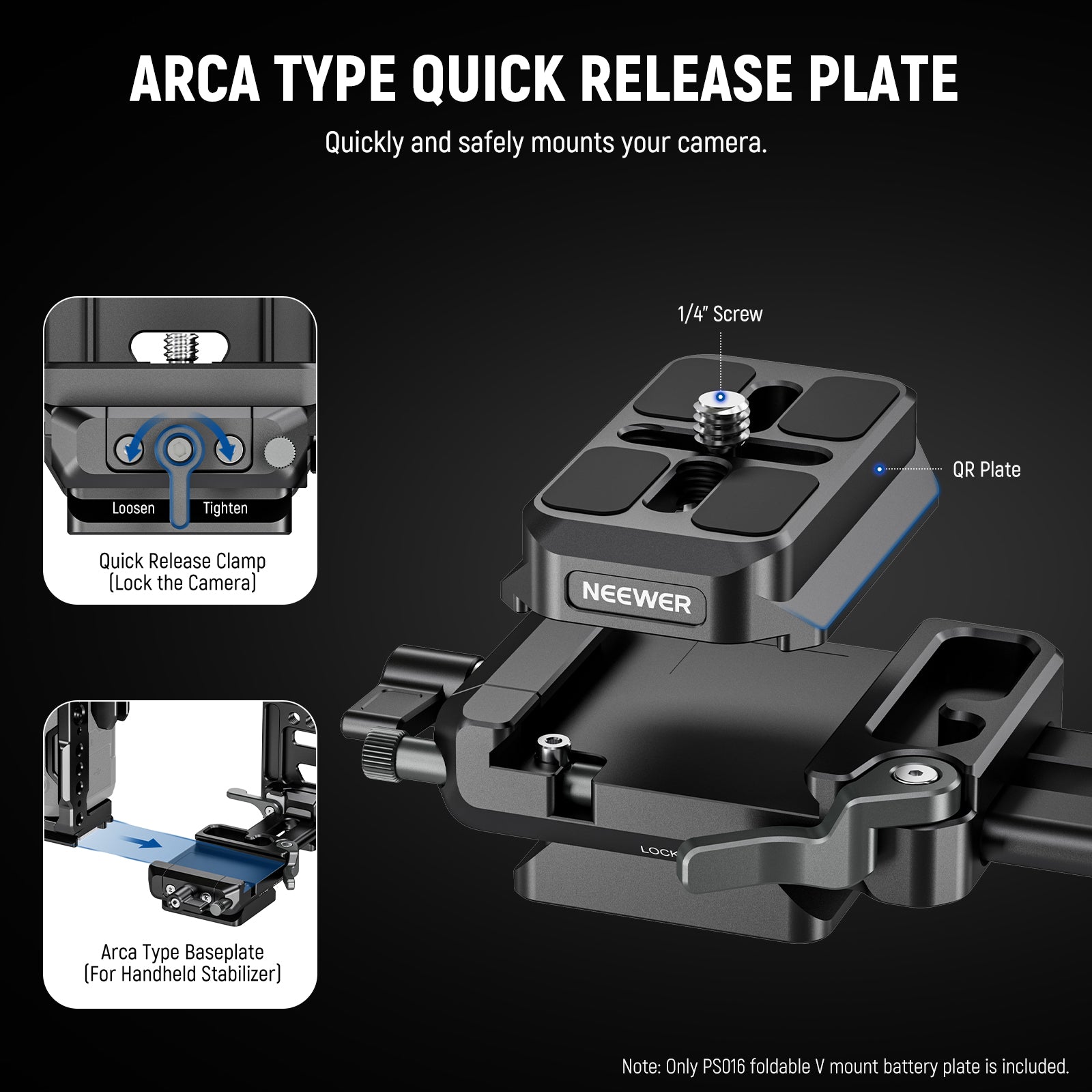 The battery plate features an Arca type quick release plate