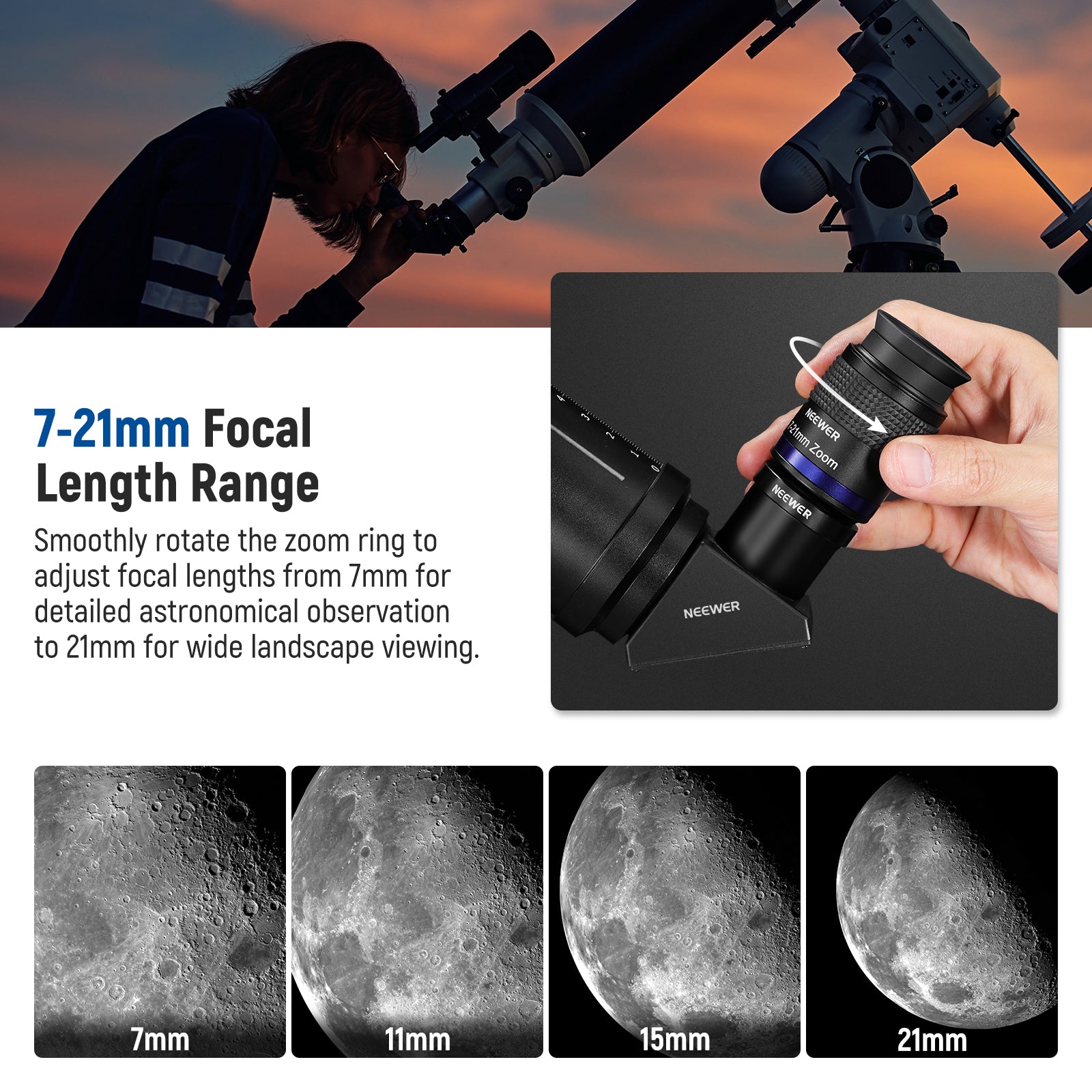 Smoothly rotate the zoom ring to adjust the focal length from 7mm to 21mm.