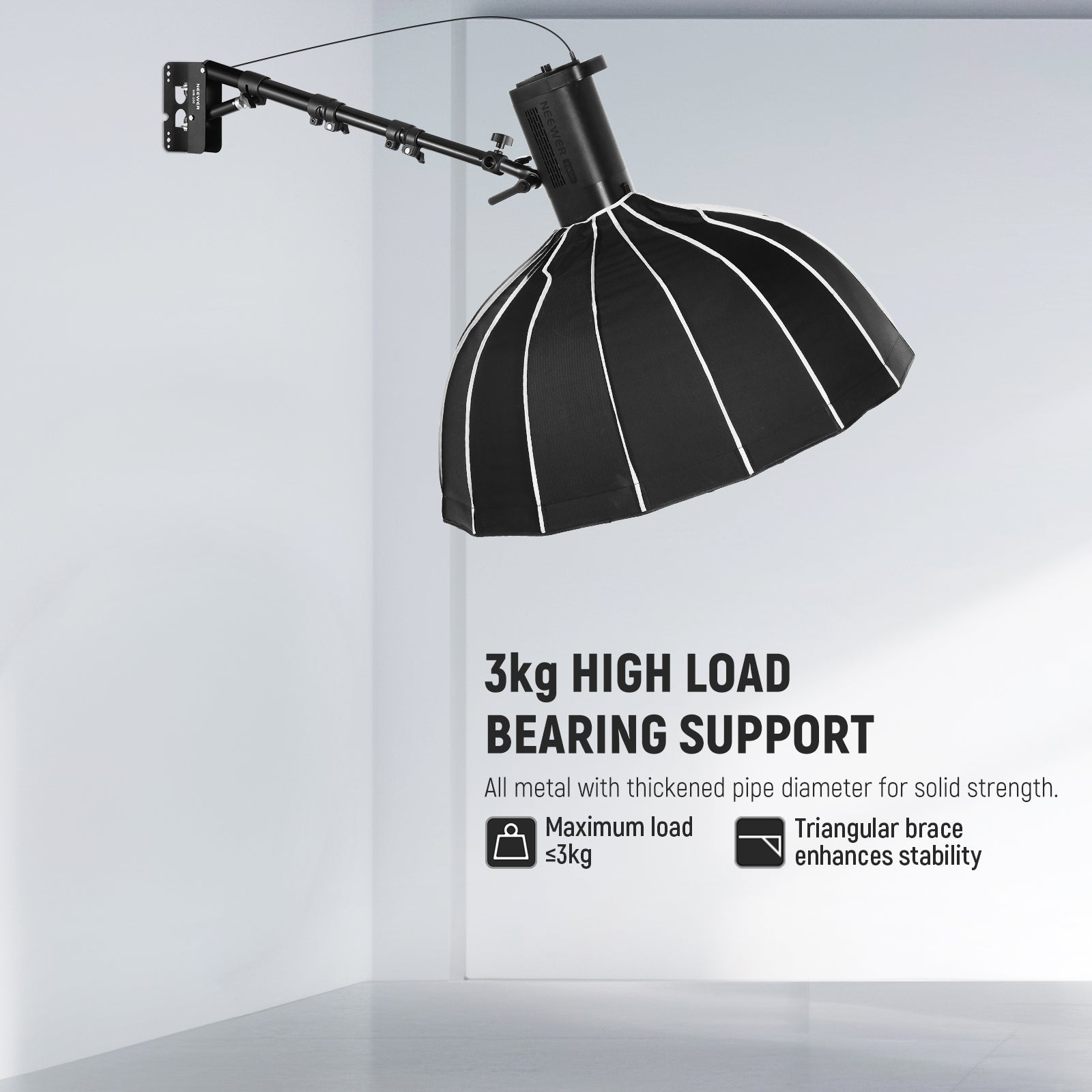 NEEWER WB-100 116cm Triangle Wall Mounting Boom Arm withstands a weight of up to 6.6lb.