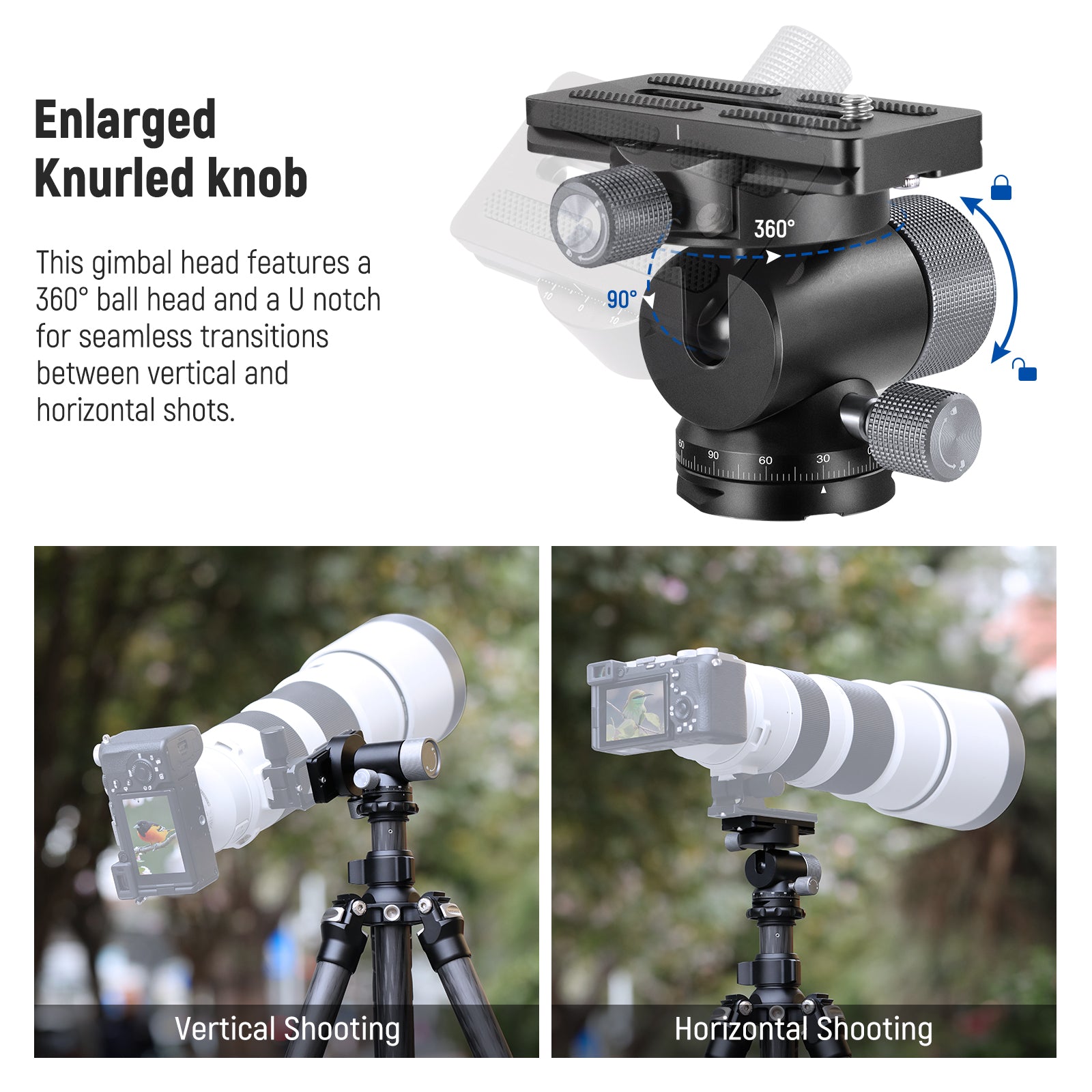 This gimbal head features a single U notch for 90° vertical shooting
