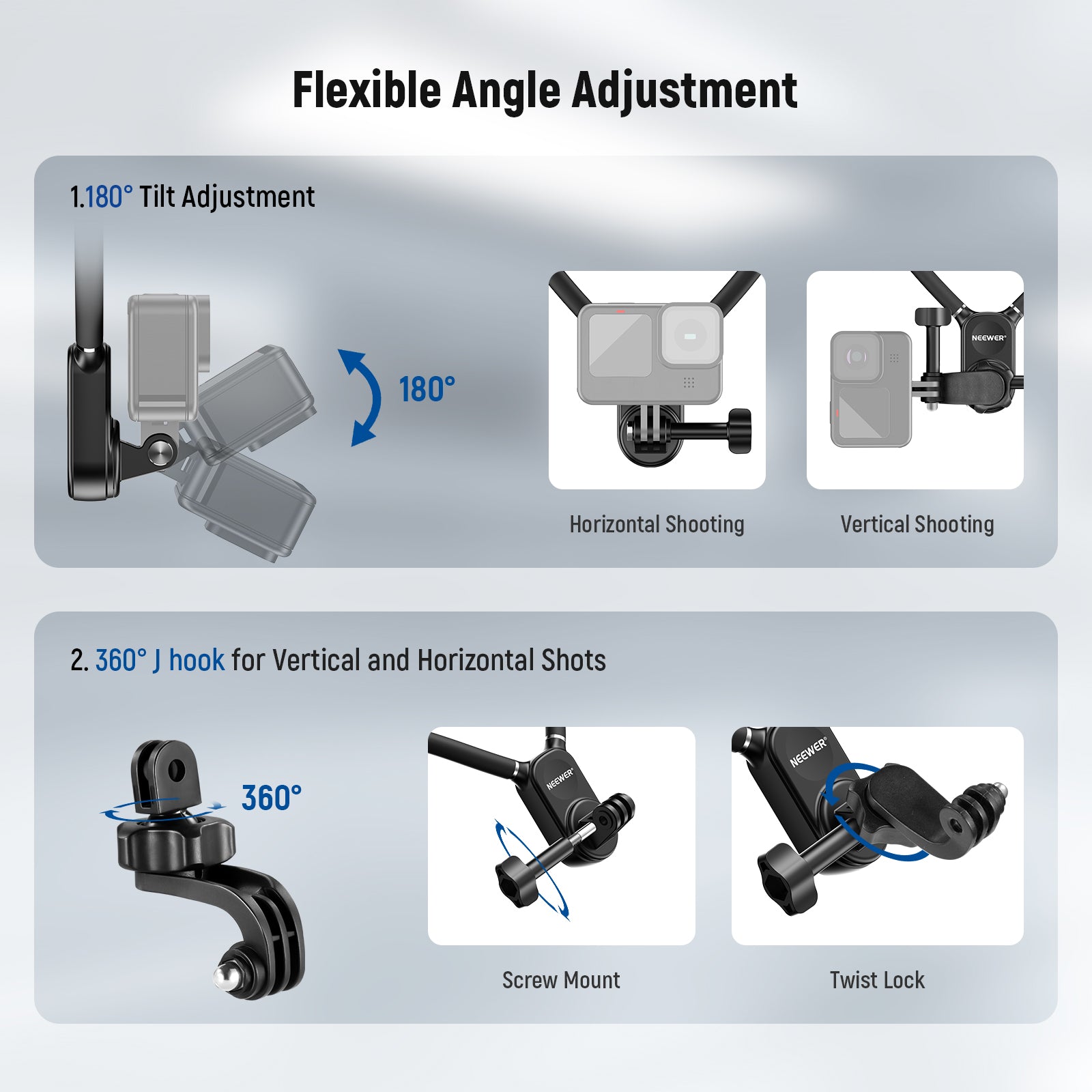 The action camera mount can tilt at 180° for flexible angle adjustment.