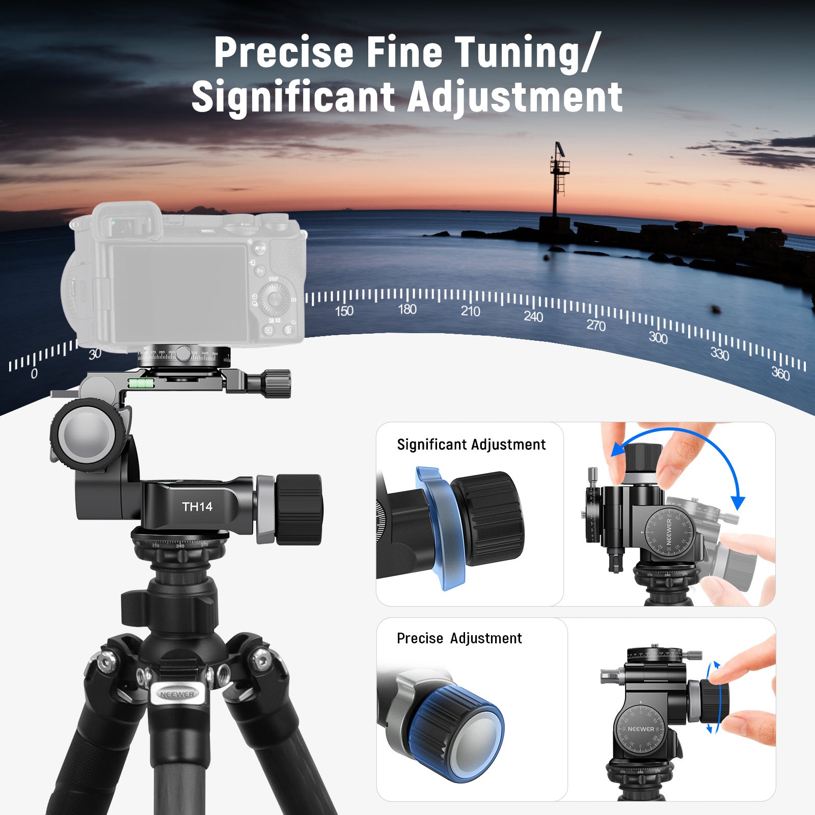 NEEWER TH14 2 Way Geared Tripod Head ensures significant adjustment.