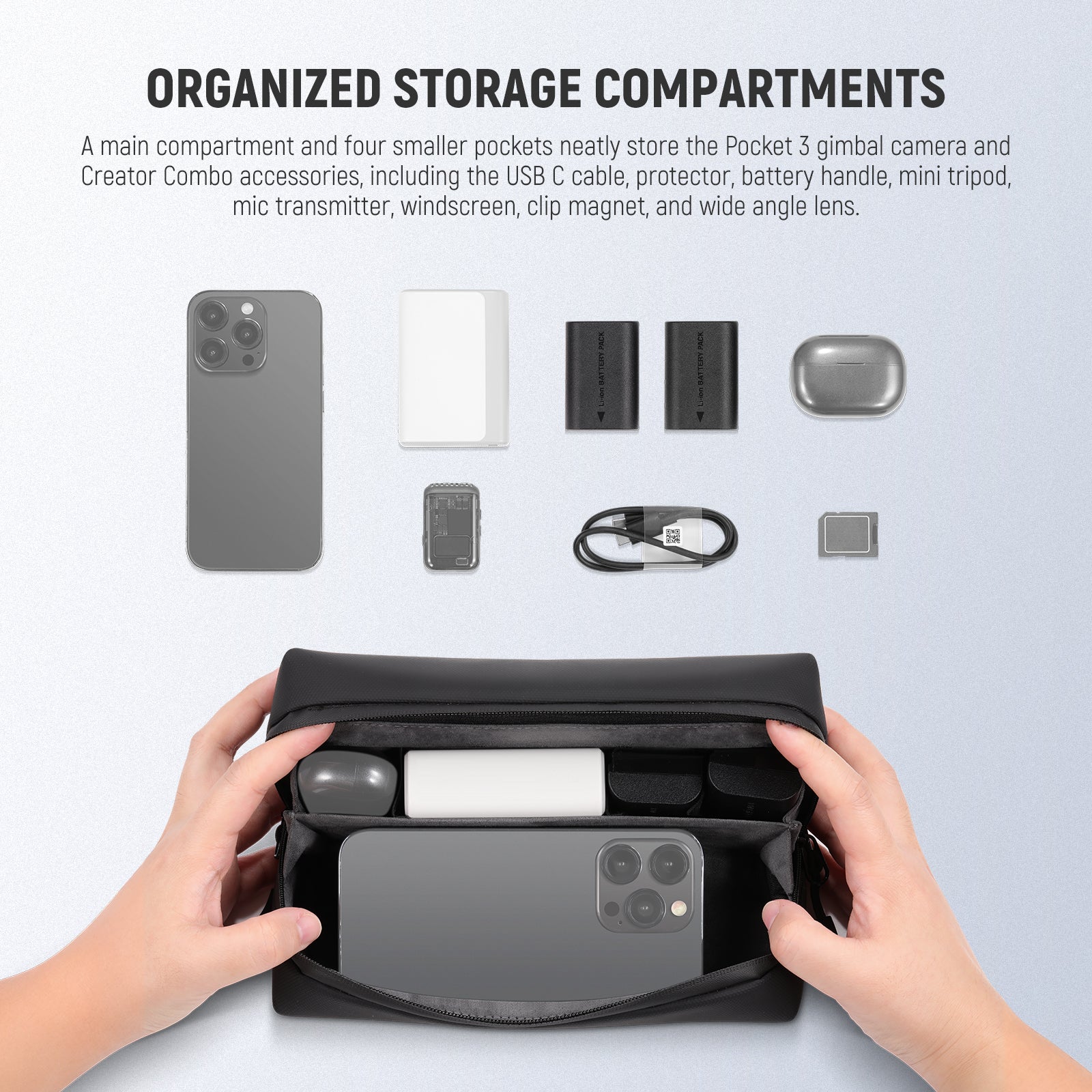 A main compartment and four smaller pockets