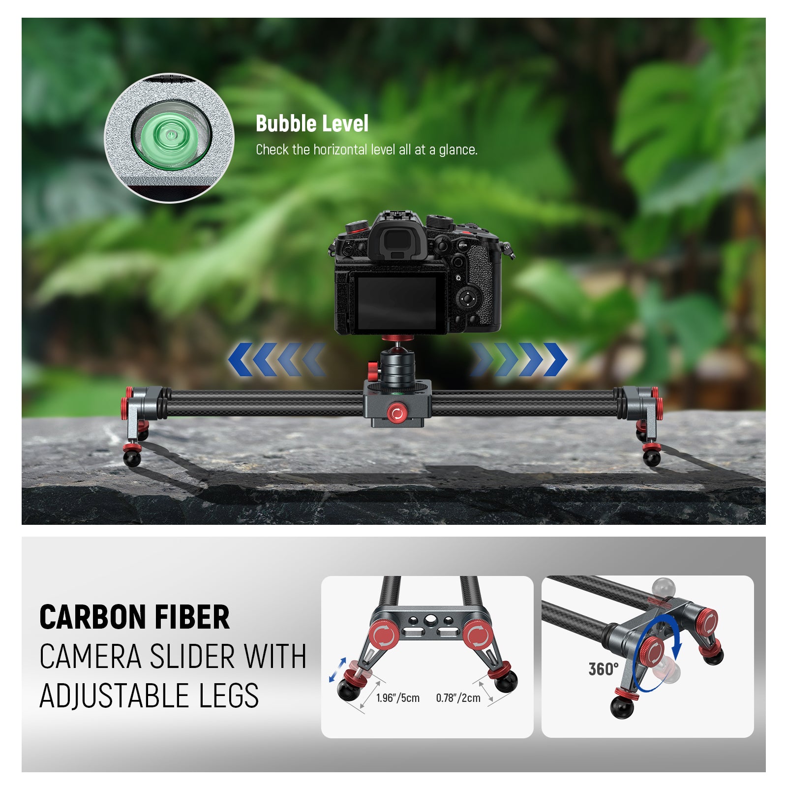 NEEWER CS1M/CS2M Carbon Fiber Camera Slider features adjustable legs.