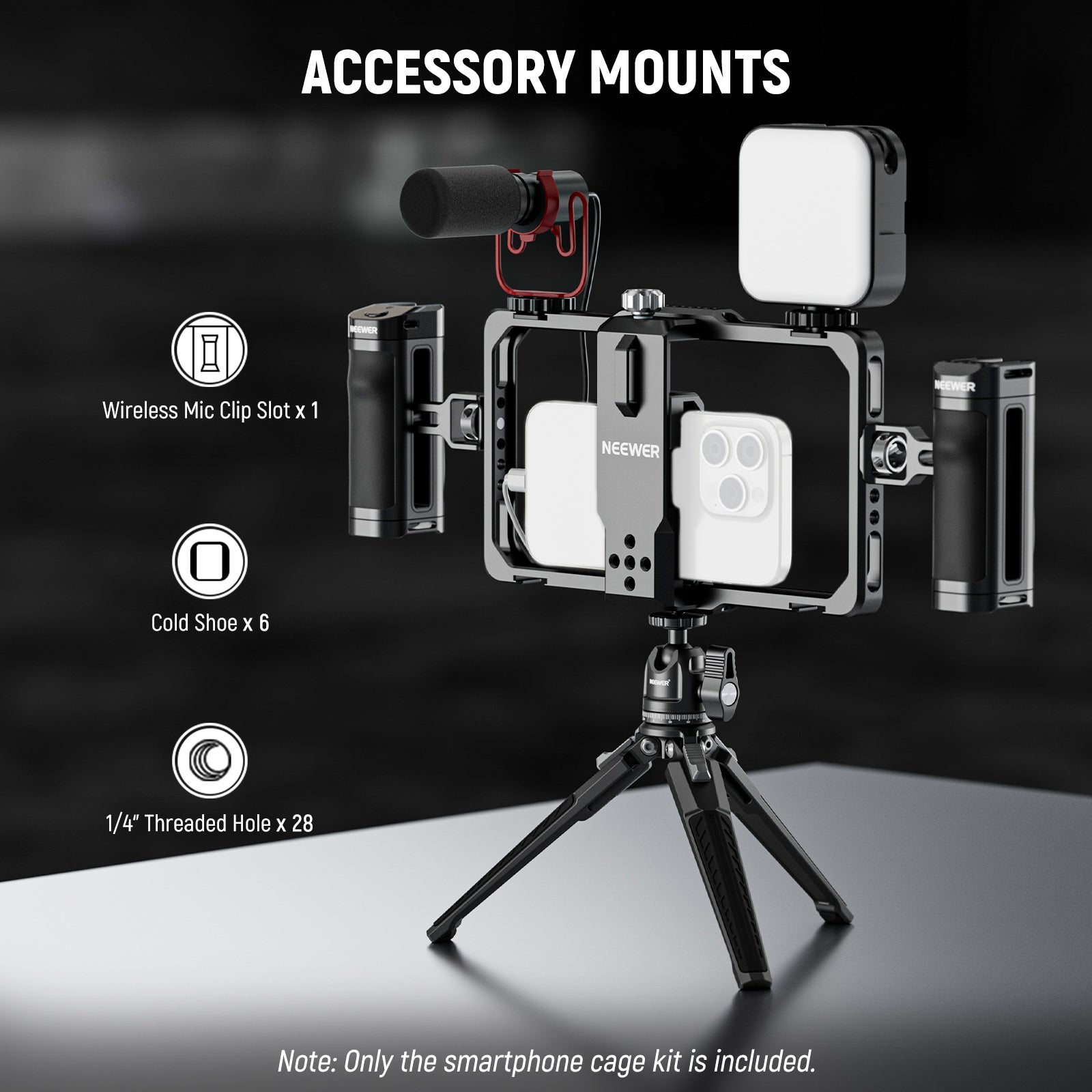 NEEWER PA009E Universal Phone Cage Video Rig offers abundant accessory mounts.
