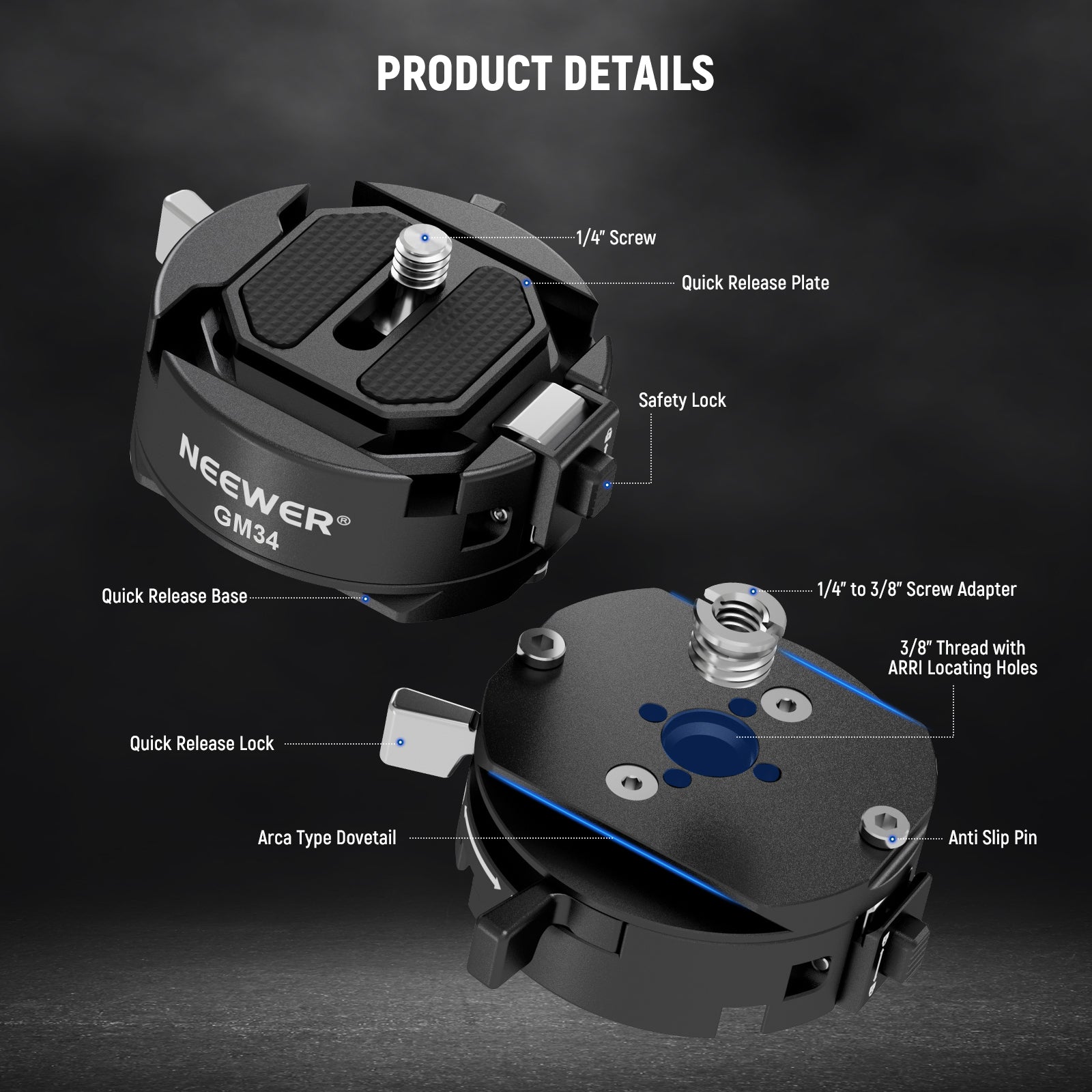Product detail of the NEEWER M34 Camera Quick Release Plate Kit