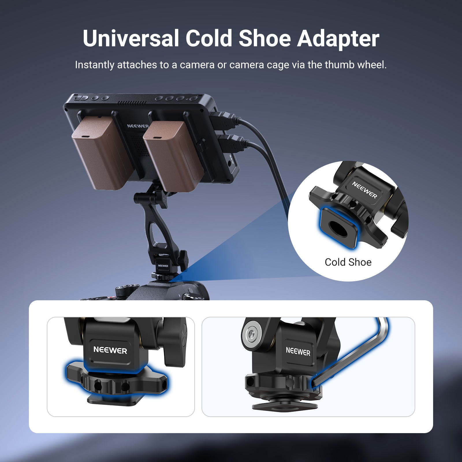 NEEWER MA023 universal cold shoe adapter mount for field monitors, showing attachment to camera with thumb wheel