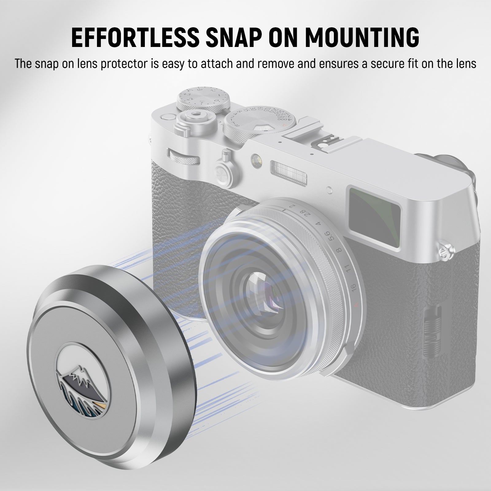 The snap on lens protector is easy to attach and remove and ensures a secure fit on the lens.
