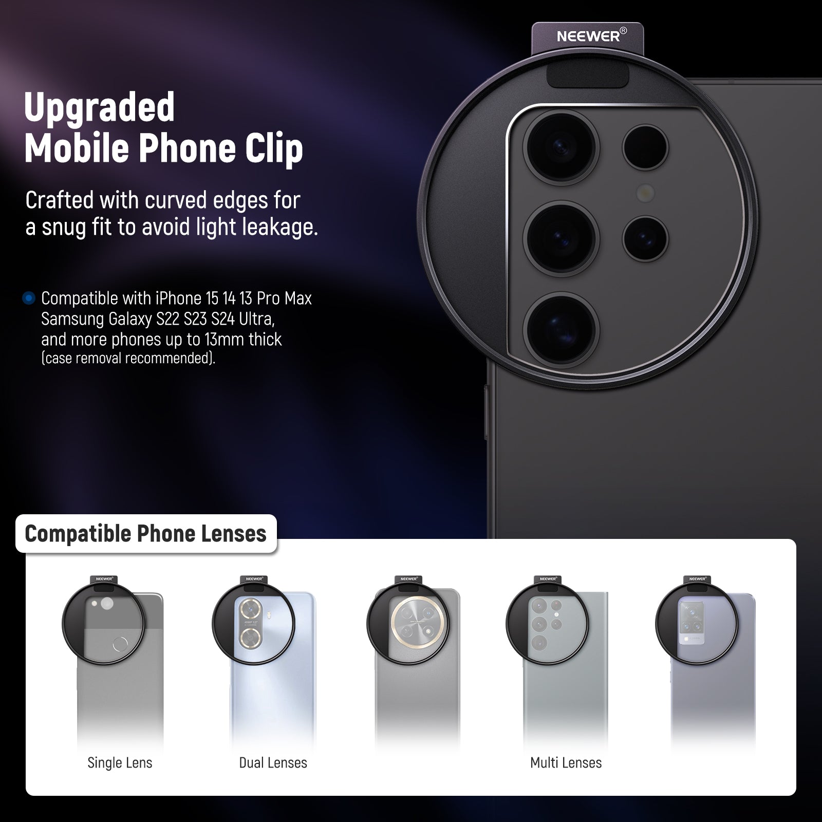 NEEWER LA006 67mm Phone Filter Mount is crafted with curved edges for a snug fit to avoid light leakage.