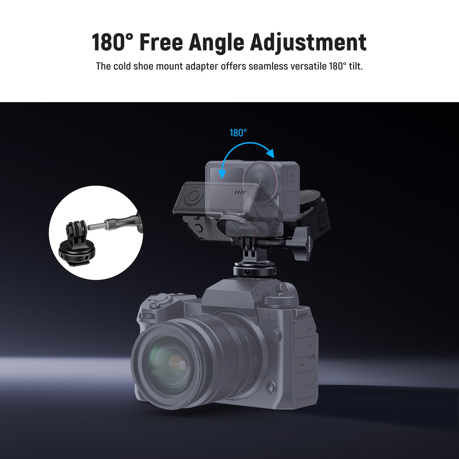 The cold shoe mount adapter offers seamless 180° tilt