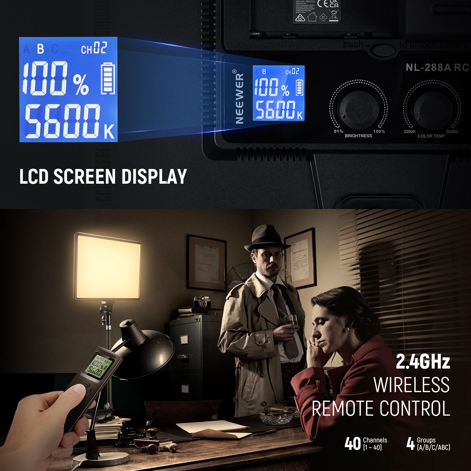 Use the wireless remote to control the NEEWER NL-288ARC Bi-Color LED Panel Light