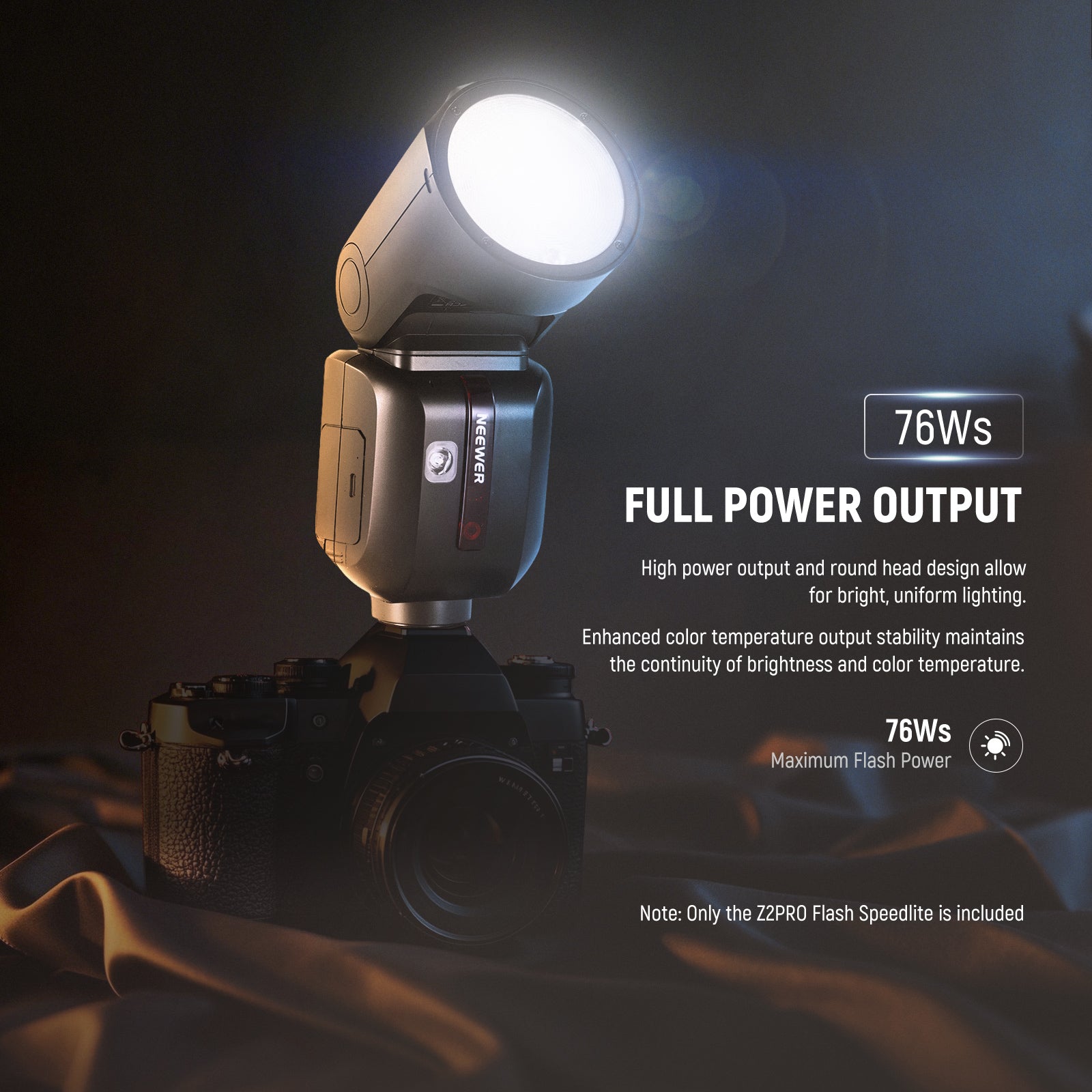 NEEWER Z2PRO-F Round Head Speedlite Flash delivers a robust 76Ws output