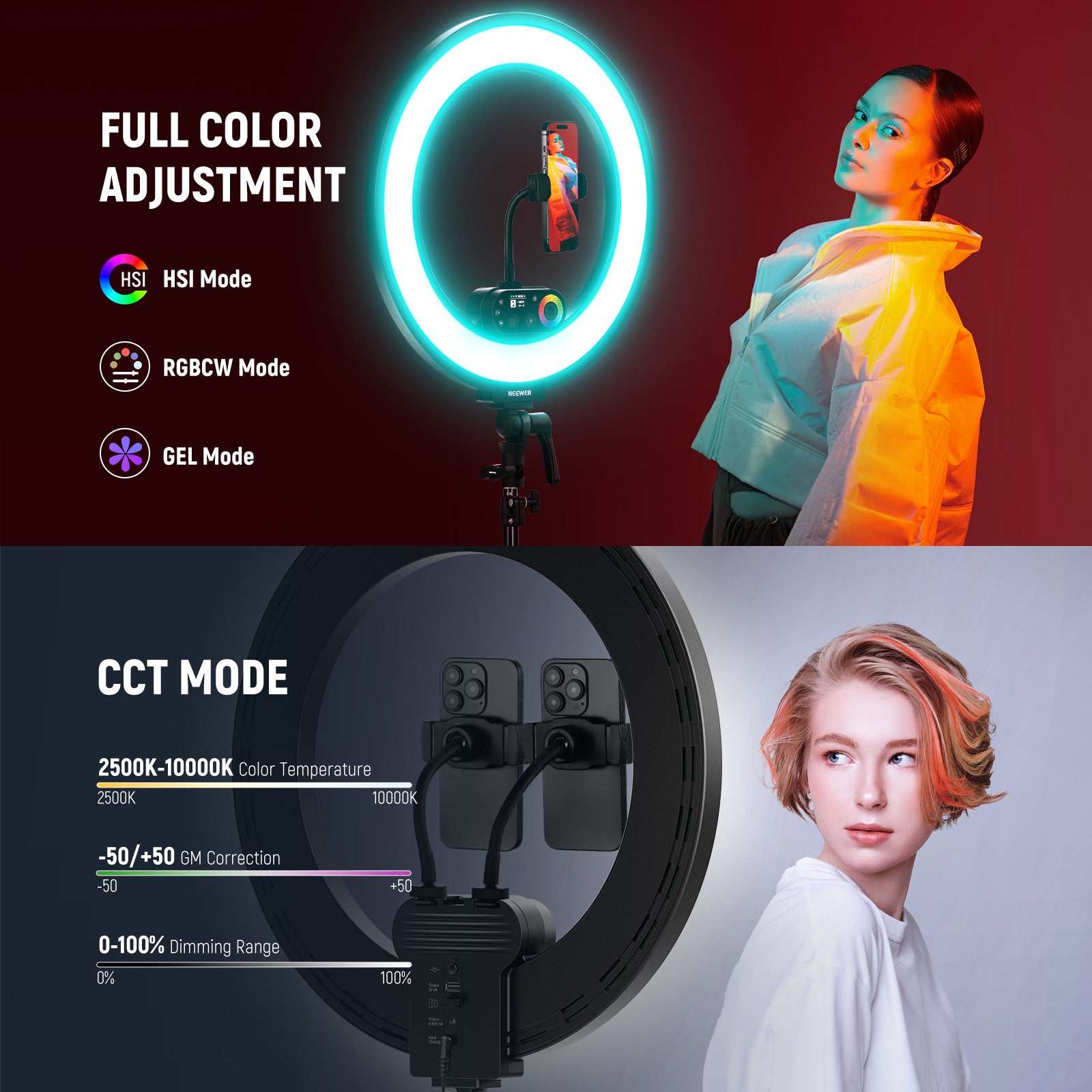 NEEWER RL45C RGB LED Ring Light features CCT mode.