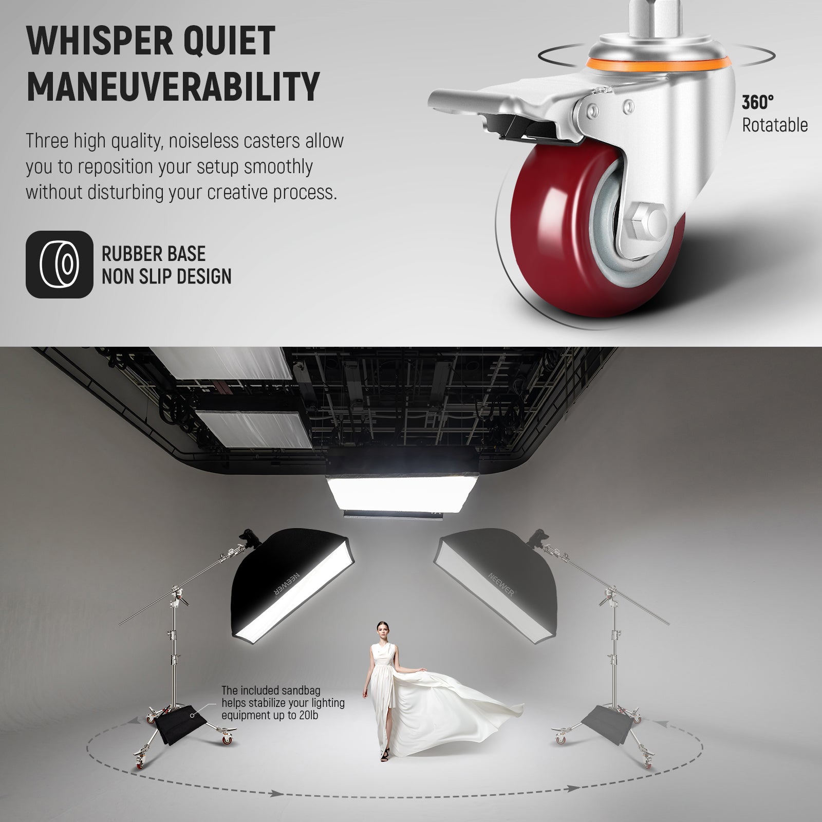NEEWER SC440AW 14.4ft C Stand on Wheels allows you to reposition your setup smoothly without disturbing your creative process.