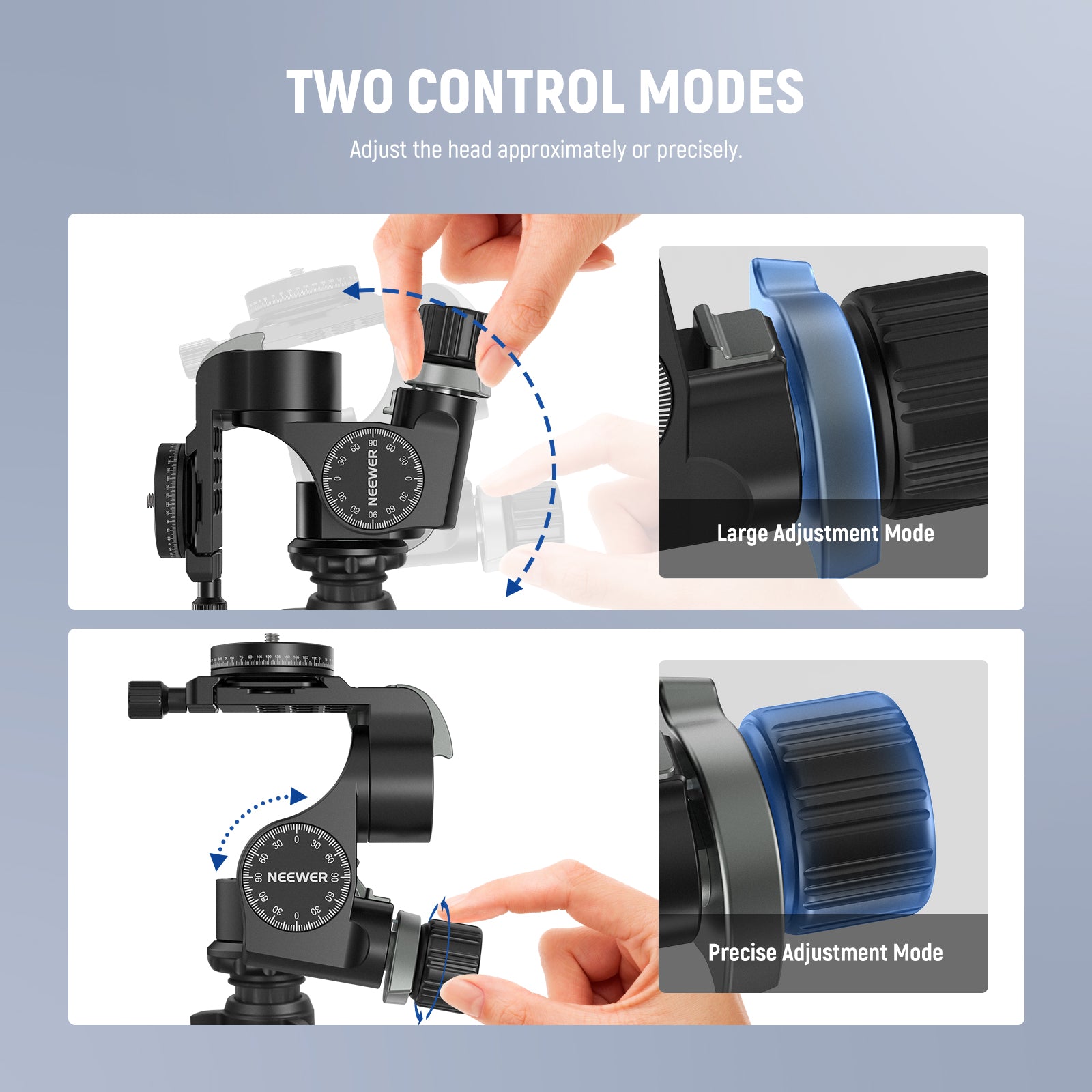 NEEWER TH15 3 Way Geared Head offers 2 control modes.