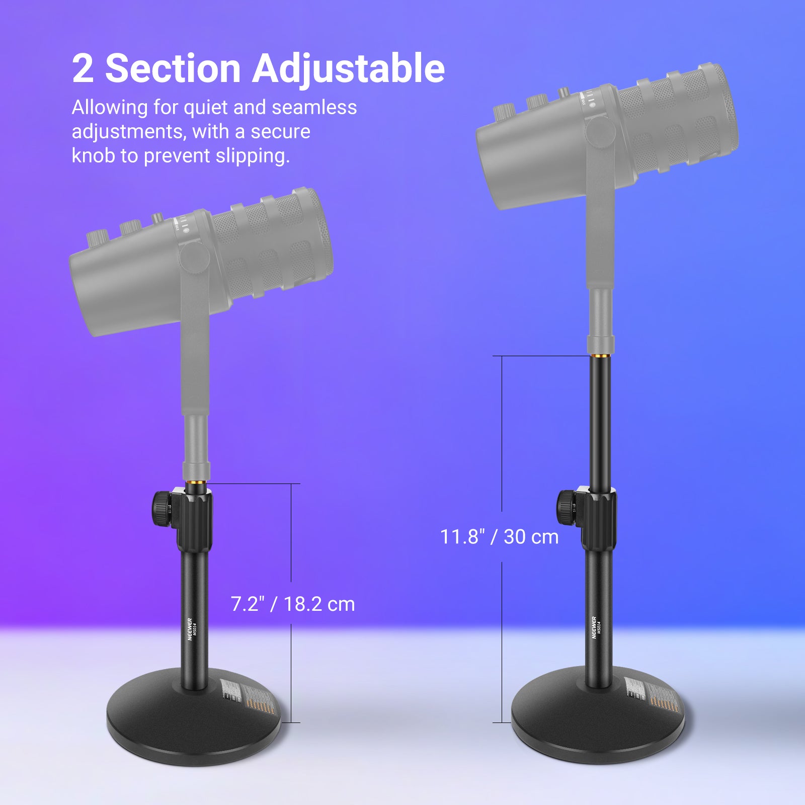 The short mic holder stand adjusts in height from 7.2" to 11.8".